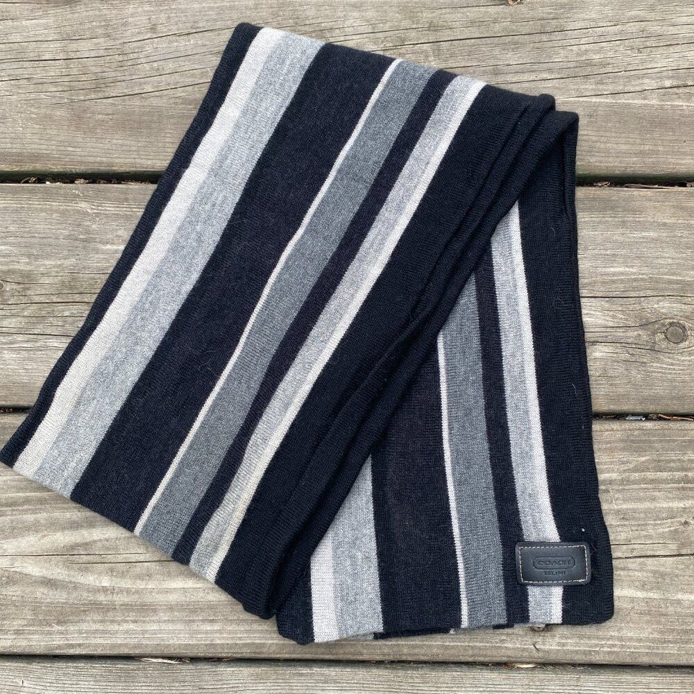 Coach Muffler Wool Coach Scarf Striped Black Gray Size ONE SIZE - 2 Thumbnail