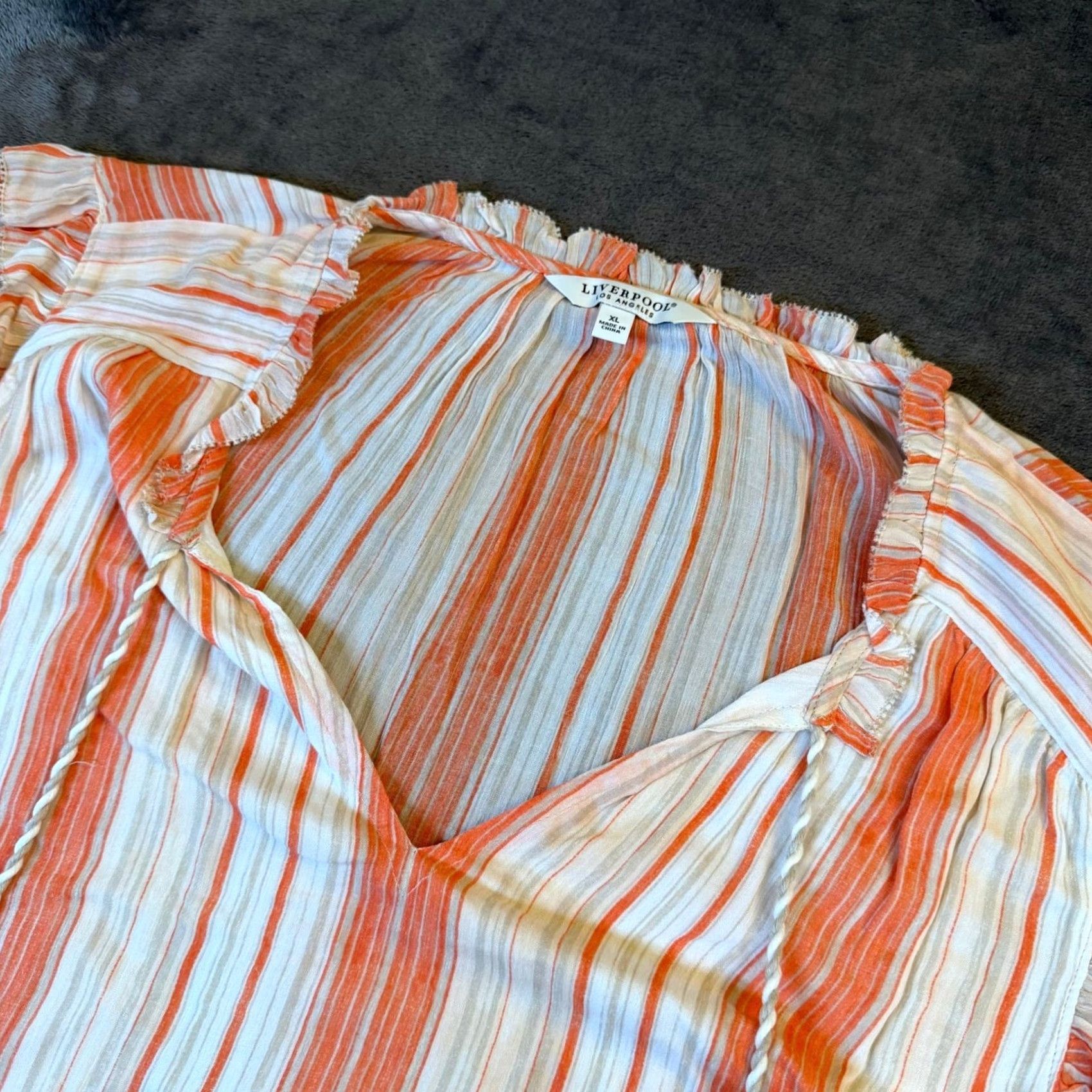 Vintage Liverpool Striped Blouse Sleeveless Womens XL Orange V-Neck Ruffle Tassel Boho Shirt Blouse Womens Size XL / US 12-14 / IT 48-50 - 2 Thumbnail