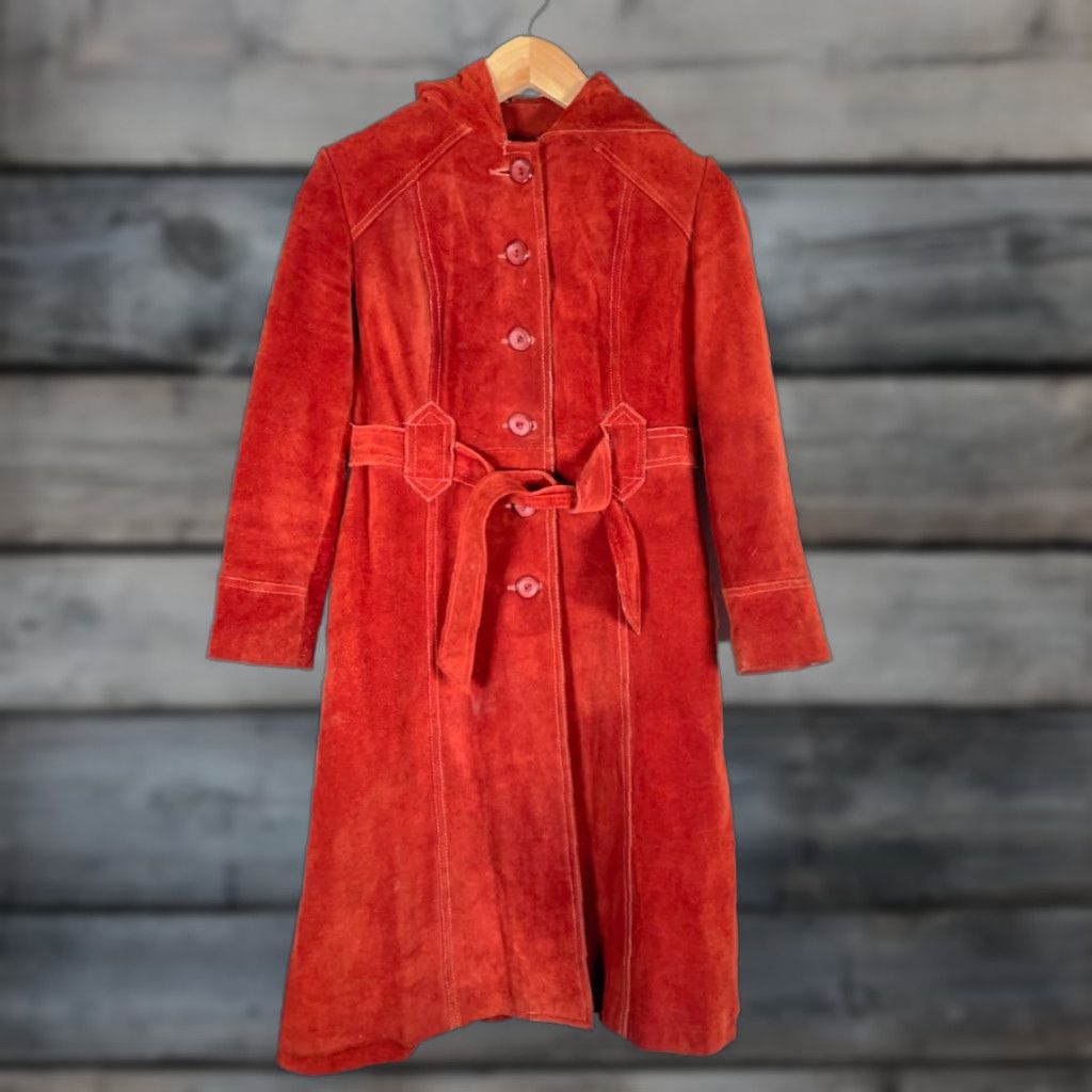 Vintage VINTAGE Burnt Orange Leather Belted Trench Coat Women's 9 / 10 Hooded Casual 70s Long Coat Size L / US 10 / IT 46 - 1 Thumbnail