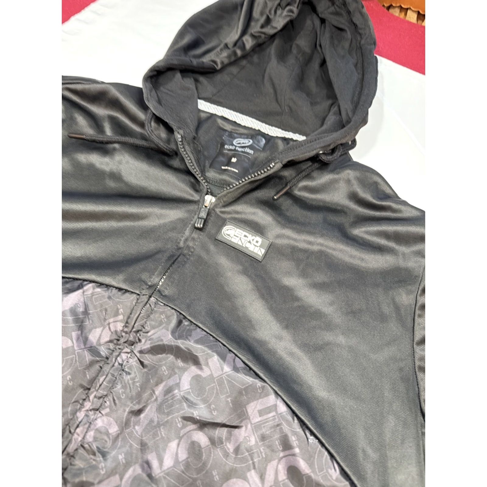 Vintage VINTAGE Ecko Function Black white Hooded Zip Up Athletic Silk Jacket Spellout Mens Med Jacket Size US M / EU 48-50 / 2 - 6 Thumbnail