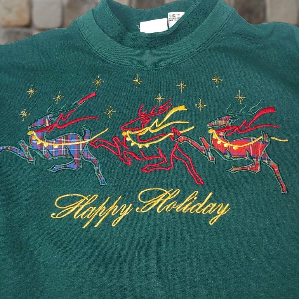 Vintage VINTAGE Bobbi Brooks Christmas Sweatshirt Reindeer Green L Women Pullover Christmas Happy Holidays Embroidered Size L / US 10 / IT 46 - 1 Thumbnail
