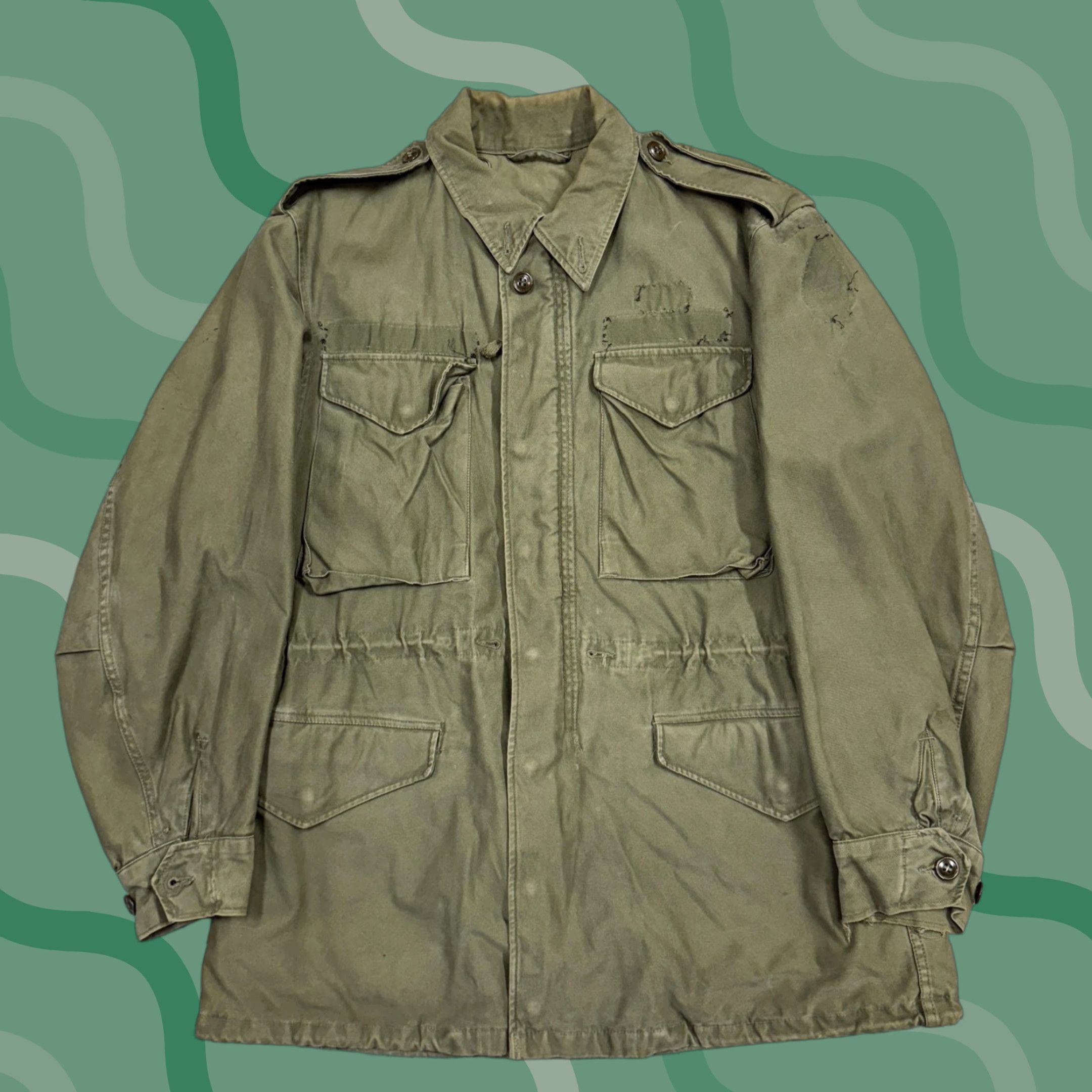 Vintage VINTAGE M-51 Jacket Mens Medium Military Jacket Green Cotton Canvas Pocket Coat 50s Fall Spring Zip Button Army Mens Size US L / EU 52-54 / 3 - 1 Thumbnail