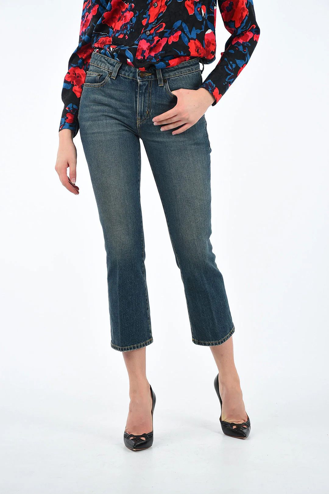 Saint Laurent Paris og1mm0326 High-Waist Crop Jeans in Blue Size 26" / US 2 / IT 38 - 1 Thumbnail