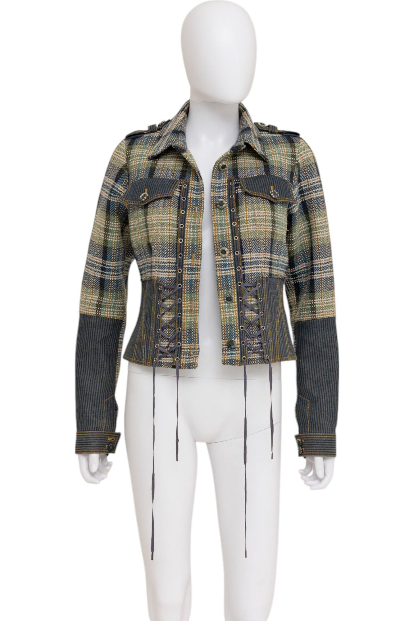 John Galliano Spring 2005 Chequered Bondage Green and Blue Silk Jacket Size M / US 6-8 / IT 42-44 - 5 Thumbnail