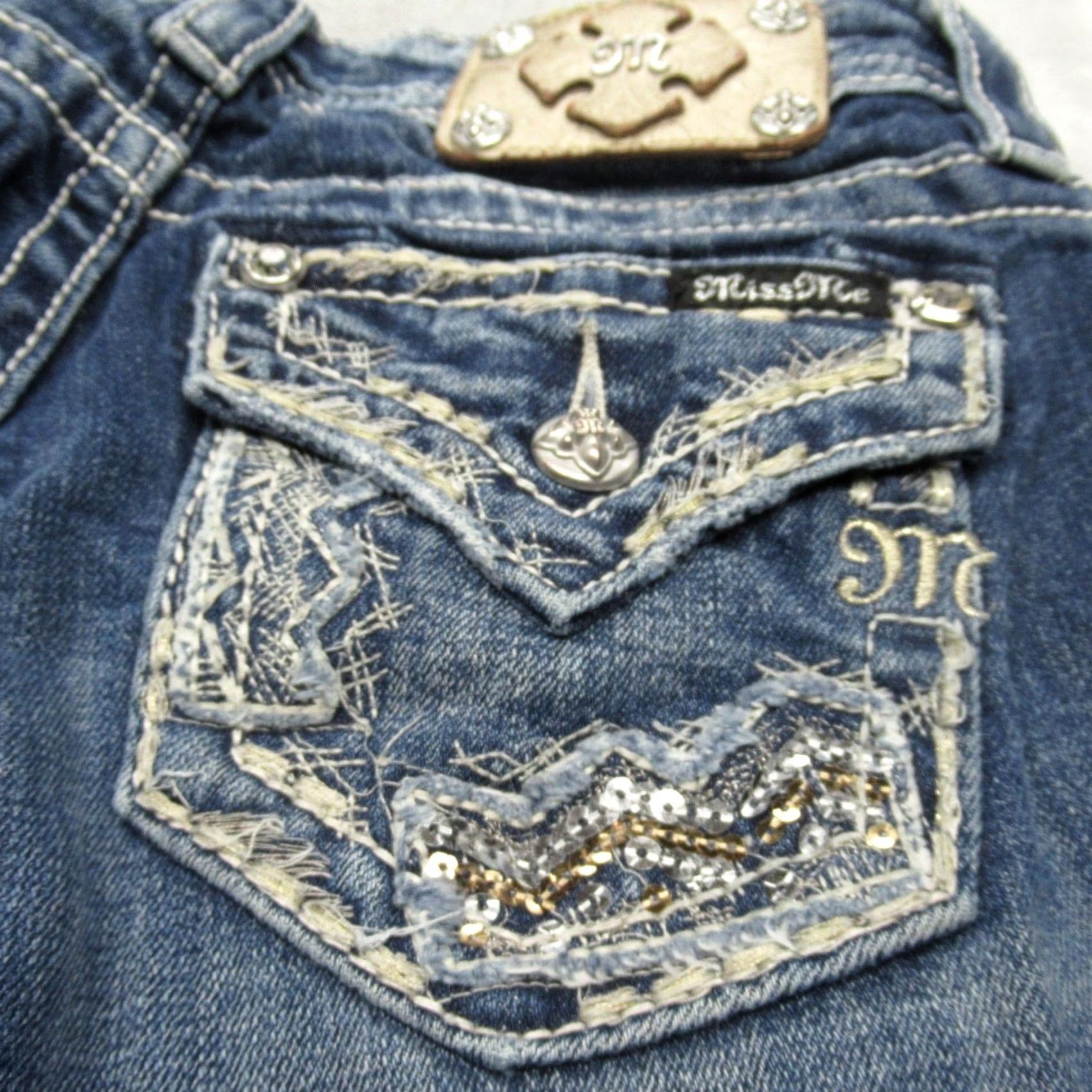 Miss Me Miss Me Jeans Women Bootcut Denim 28x32 Dark Blue Embroidered Rhinestone Pockets Stretch Comfort Relaxed Baggy Leadin Size 28" / US 6 / IT 42 - 6 Thumbnail