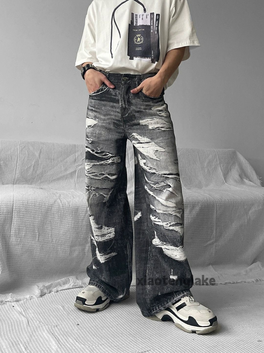Jean × Vintage washed faded loose baggy bootcut damaged print jeans Size US 30 / EU 46 - 2 Thumbnail