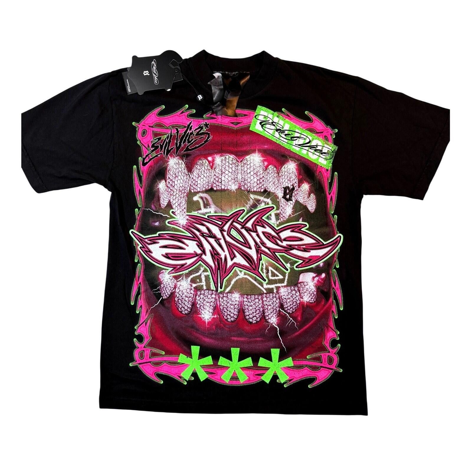 Other Evil Vice Mens Med T-Shirt Black AOP Neon Y2K Streetwear NWT Size US M / EU 48-50 / 2 - 1 Thumbnail