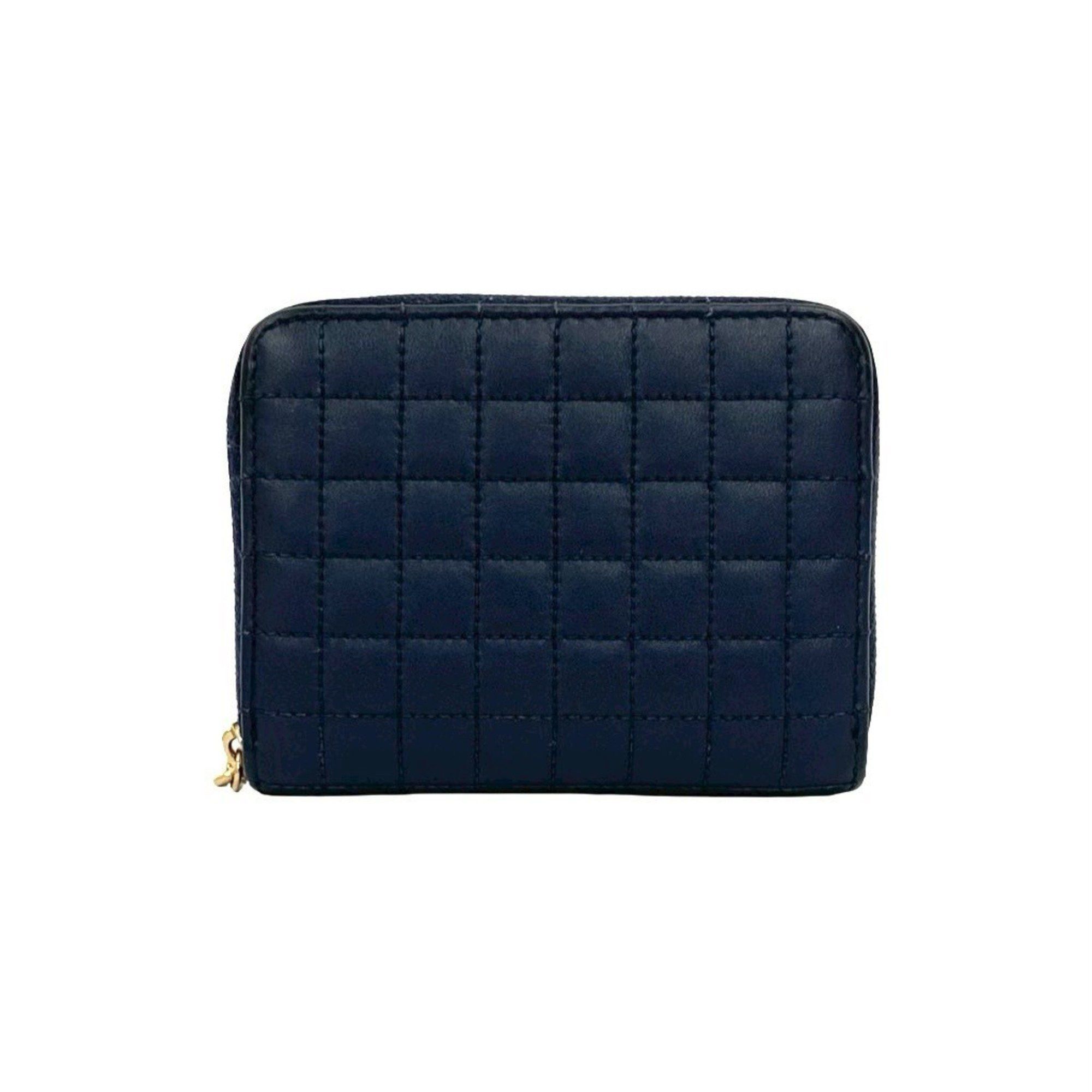 CELINE C Charm Compact Wallet Quilted Leather Genuine Round Zip Bifold Navy 37267