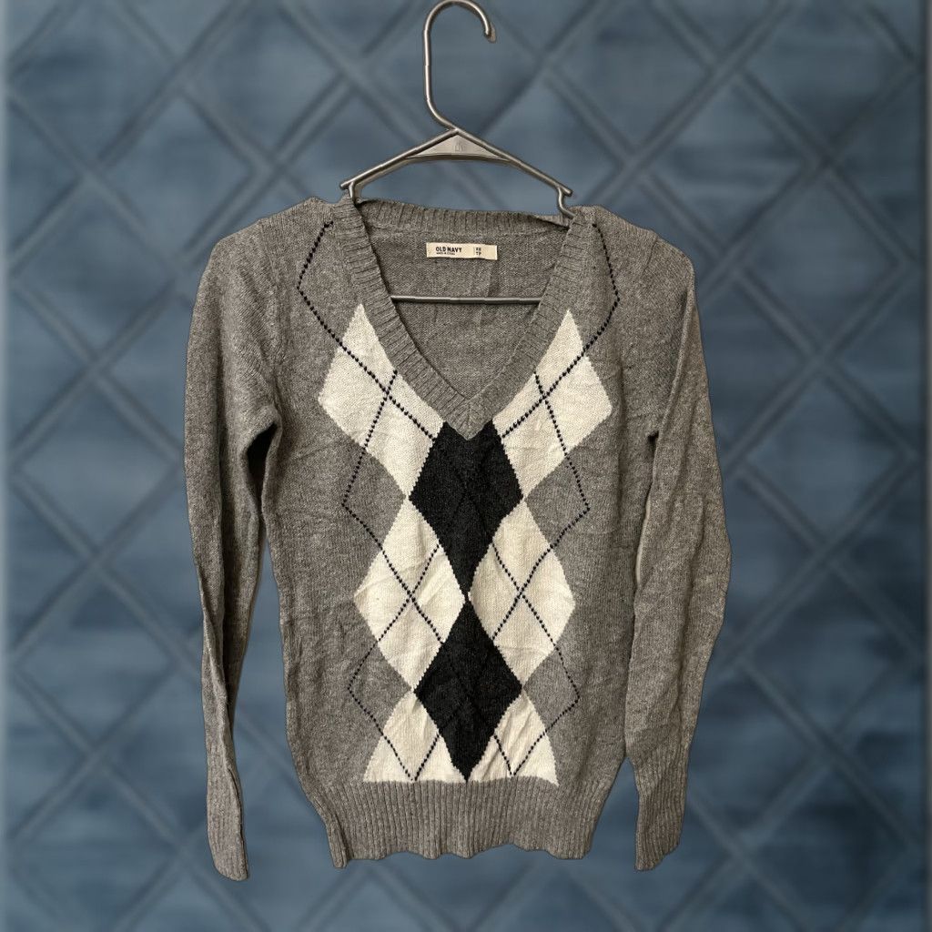 Old Navy Old Navy Sweater Women XS Pullover V-Neck Argyle Gray Cream White Size XS / US 0-2 / IT 36-38 - 1 Thumbnail