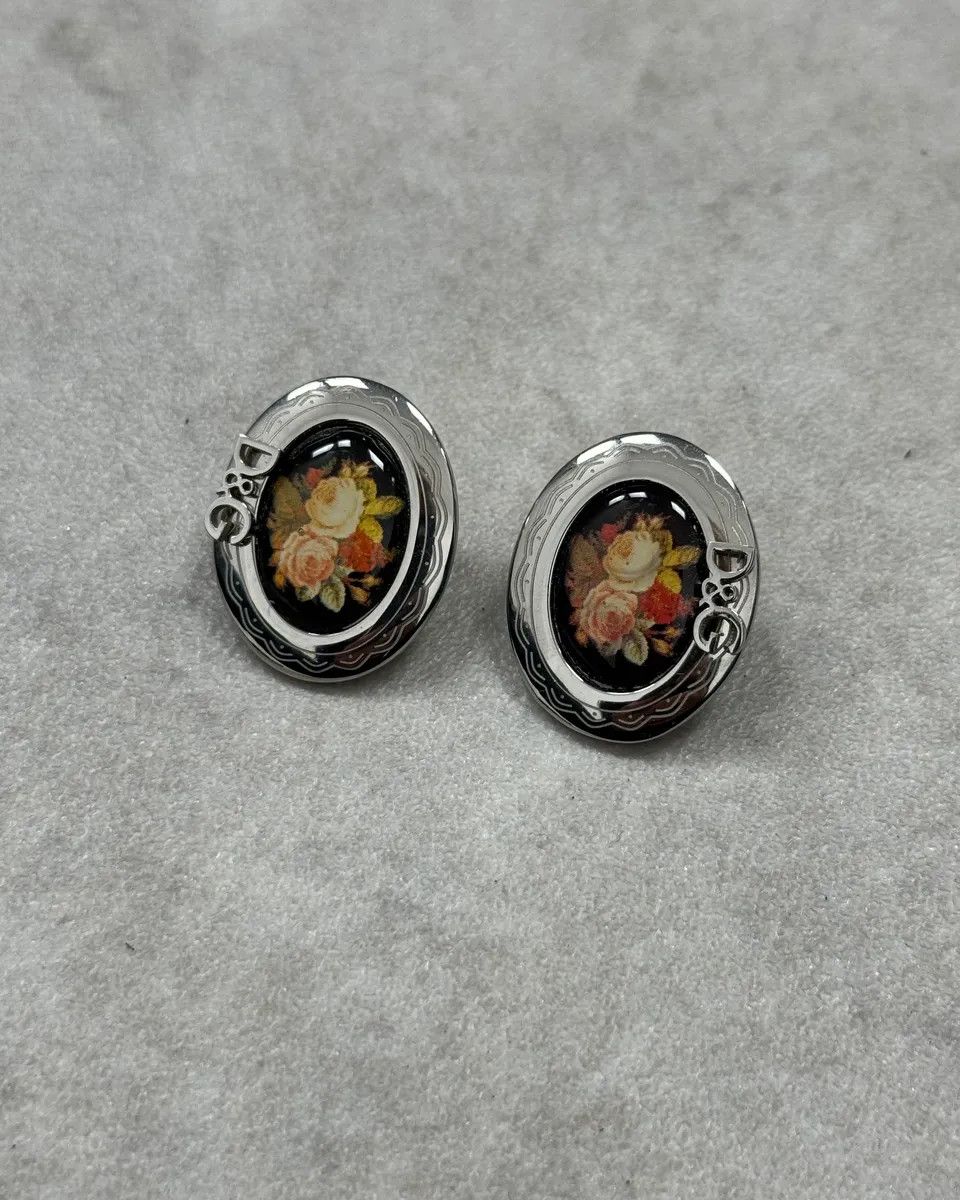 Dolce & Gabbana Dolce & Gabbana Rose Pattern Silver Oval Earrings Size ONE SIZE - 2 Thumbnail