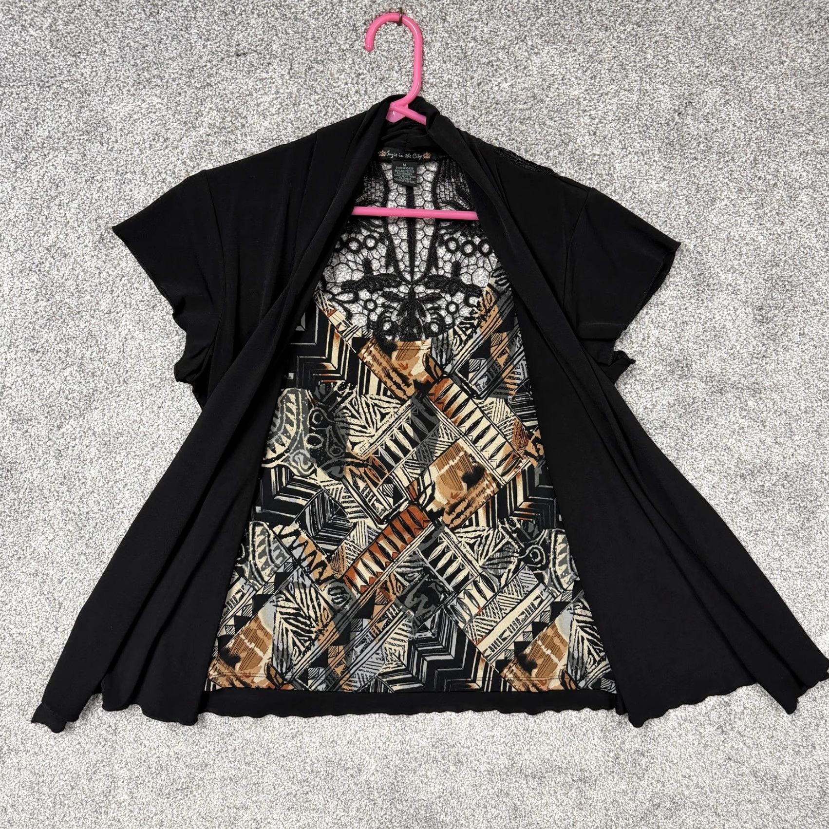 Vintage Suzie in the City Cardigan M Women Black Tunic Blouse Lightweight Knit Crochet Lace Geometric Print Open Front Sleeve Short Relaxed Vintage No Mkuu? Size M / US 6-8 / IT 42-44 - 4 Thumbnail