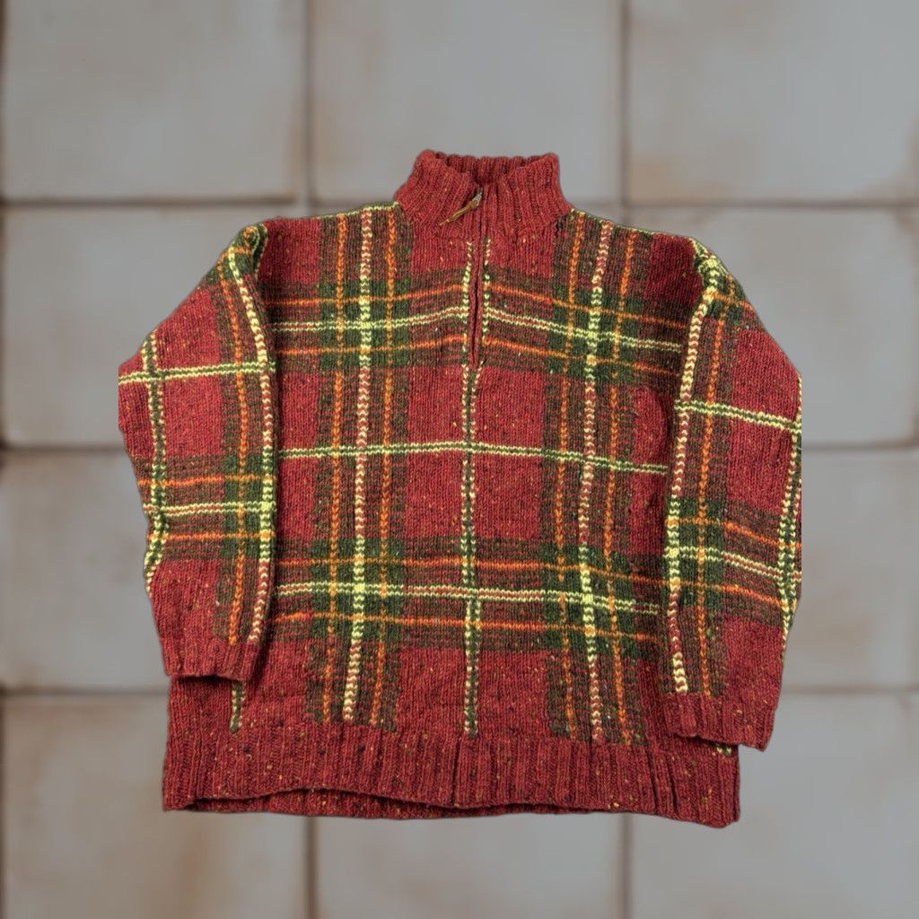 Lauren Ralph Lauren Sweater Knit Chunky Plaid Wool Mock Neck Adult Large Red Mens