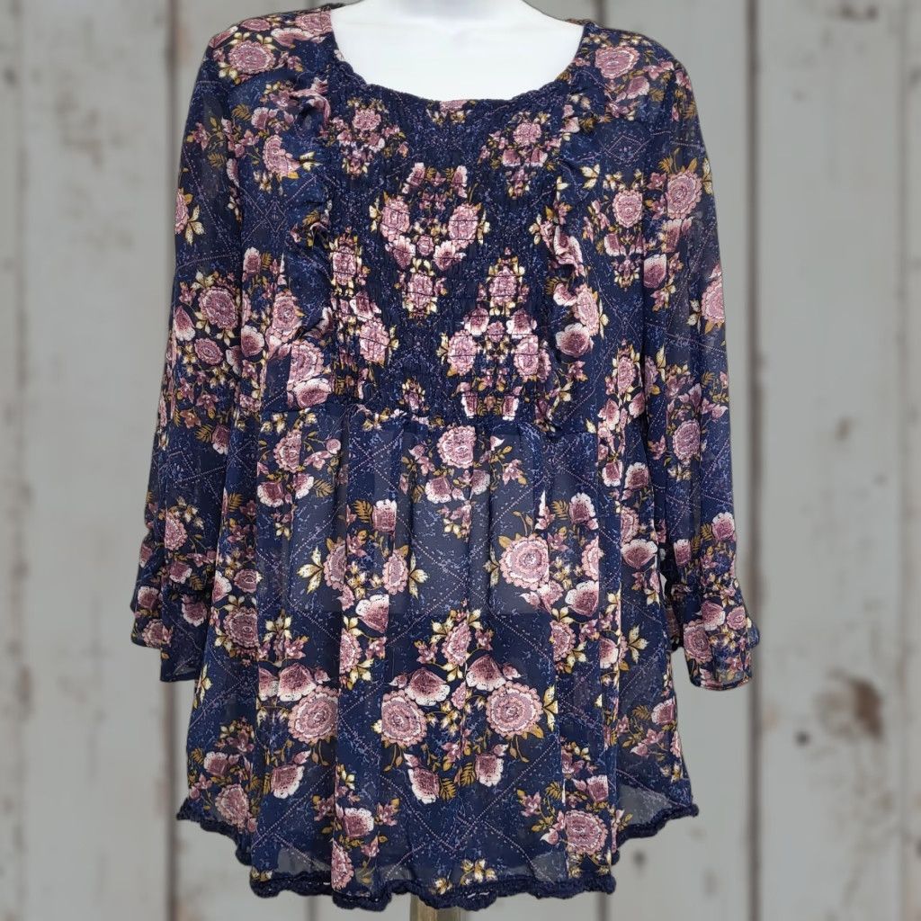 Vintage Knox Rose Blouse Womens Size L Navy Blue & Pink Floral Boho Top Embroidered Trim Size L / US 10 / IT 46 - 1 Thumbnail