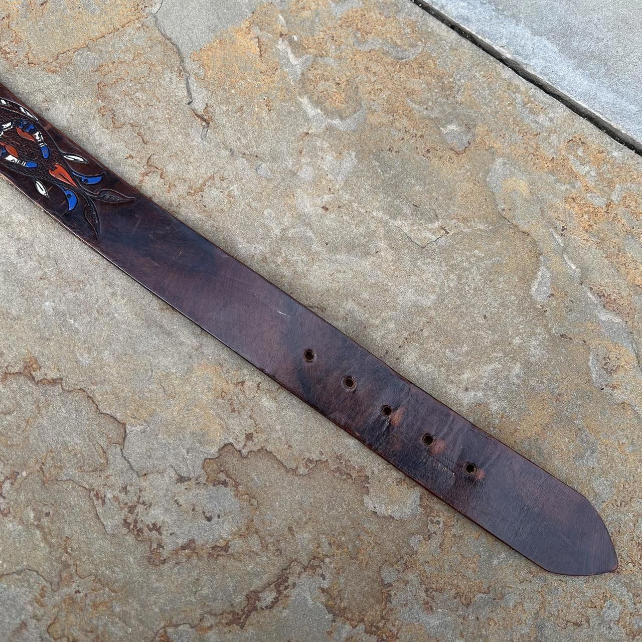 Designer Y2K Hand Tooled/Painted Brown Leather Belt Size ONE SIZE - 4 Thumbnail