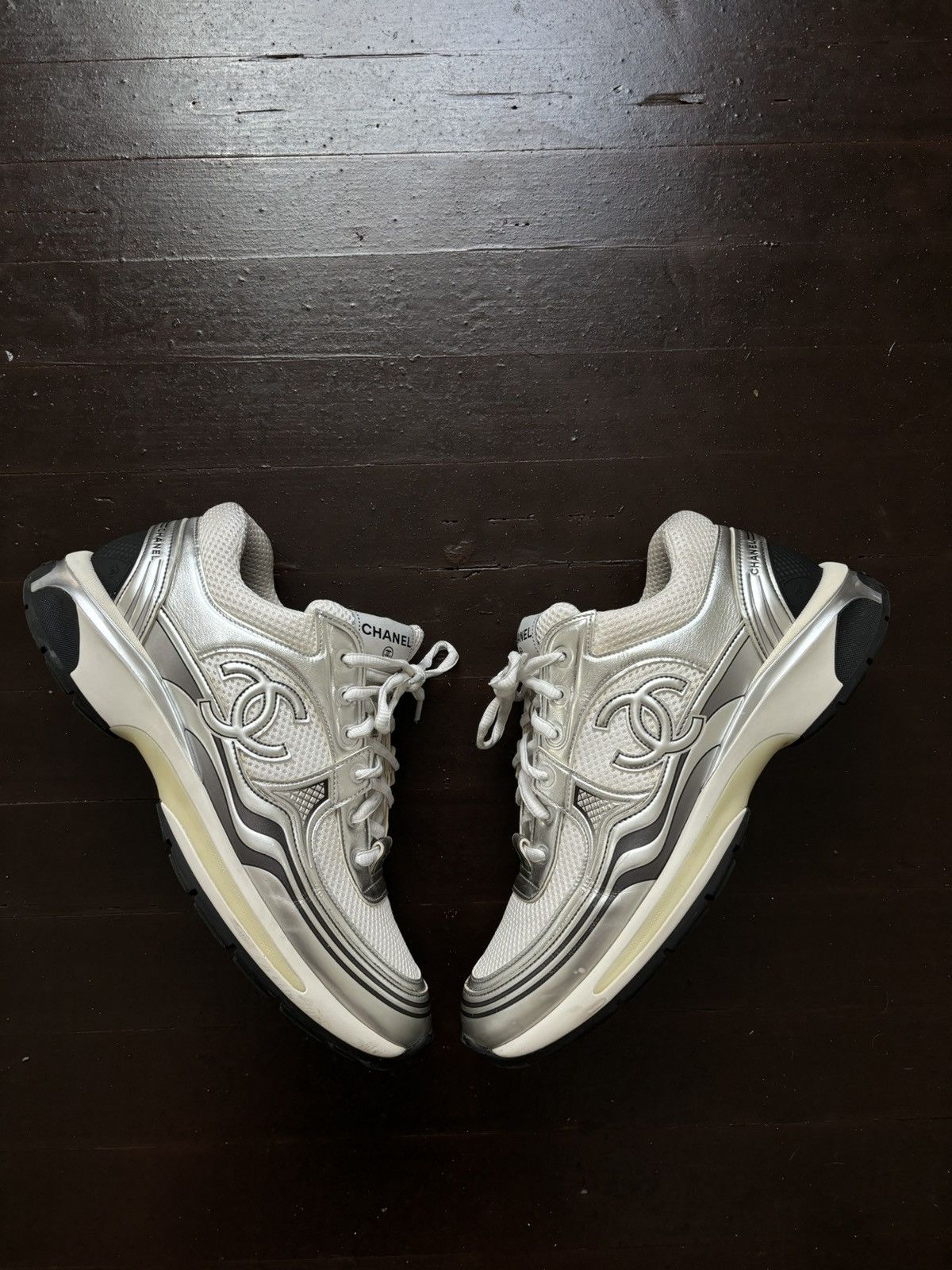 Chanel White and Silver Trainers Grailed