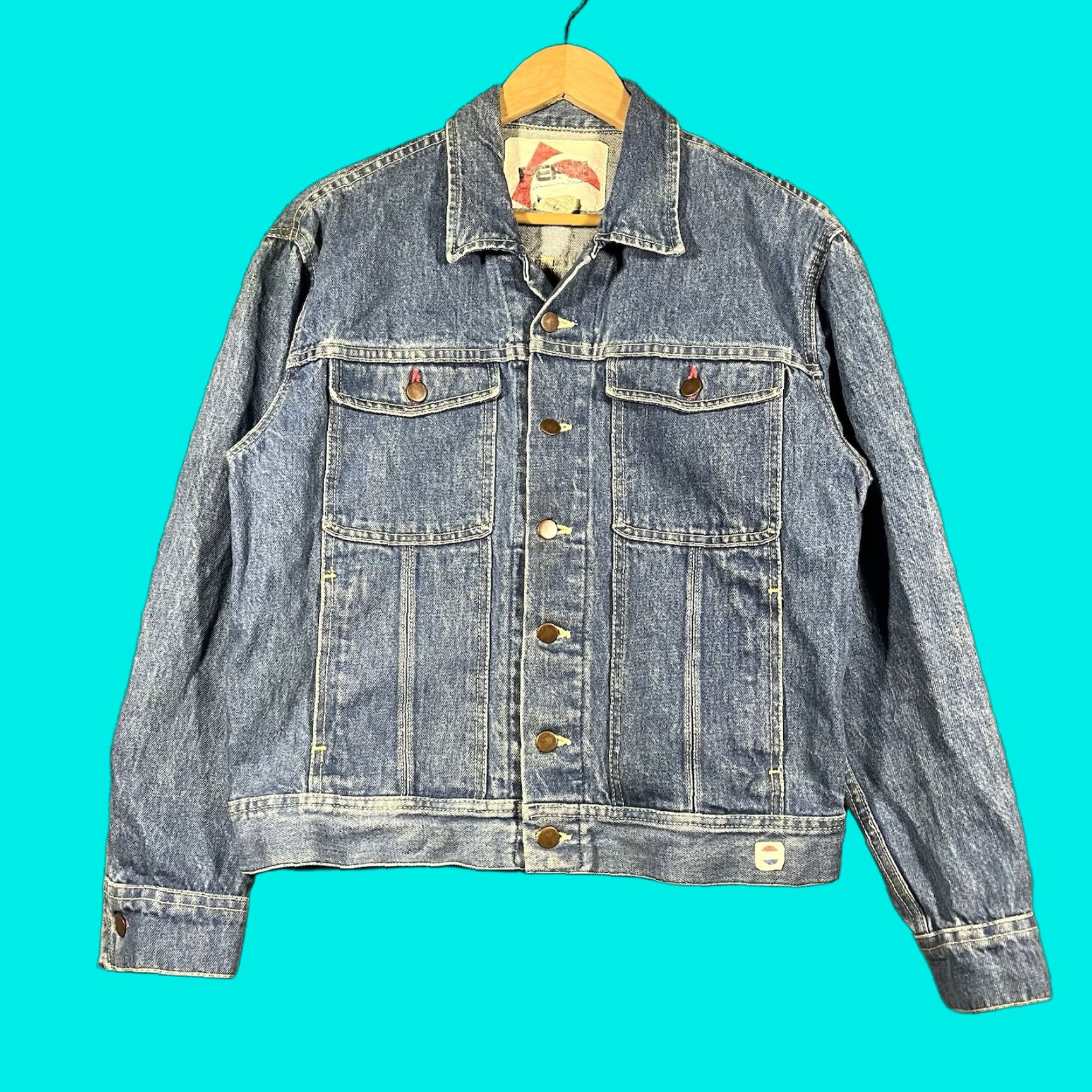 Denime VINTAGE Pepsi Denim Jacket Trucker Biker Blue Wash Mens Small S Jeans Blue 90s USA Jacket Mens Size US 29 - 1 Thumbnail