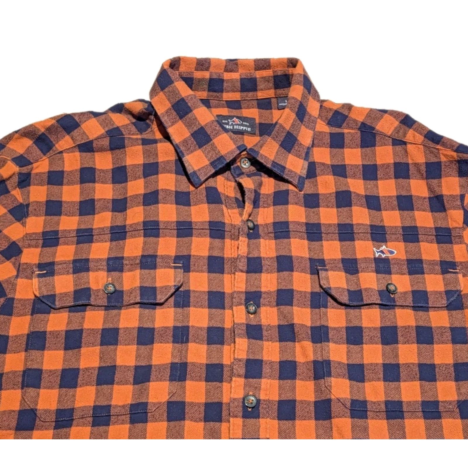 Vintage Fish Hippie Shirt L Orange Check Flannel Button-Down Cotton Soft Pocket Logo Classic 90s Hippie Mens Size US L / EU 52-54 / 3 - 2 Thumbnail