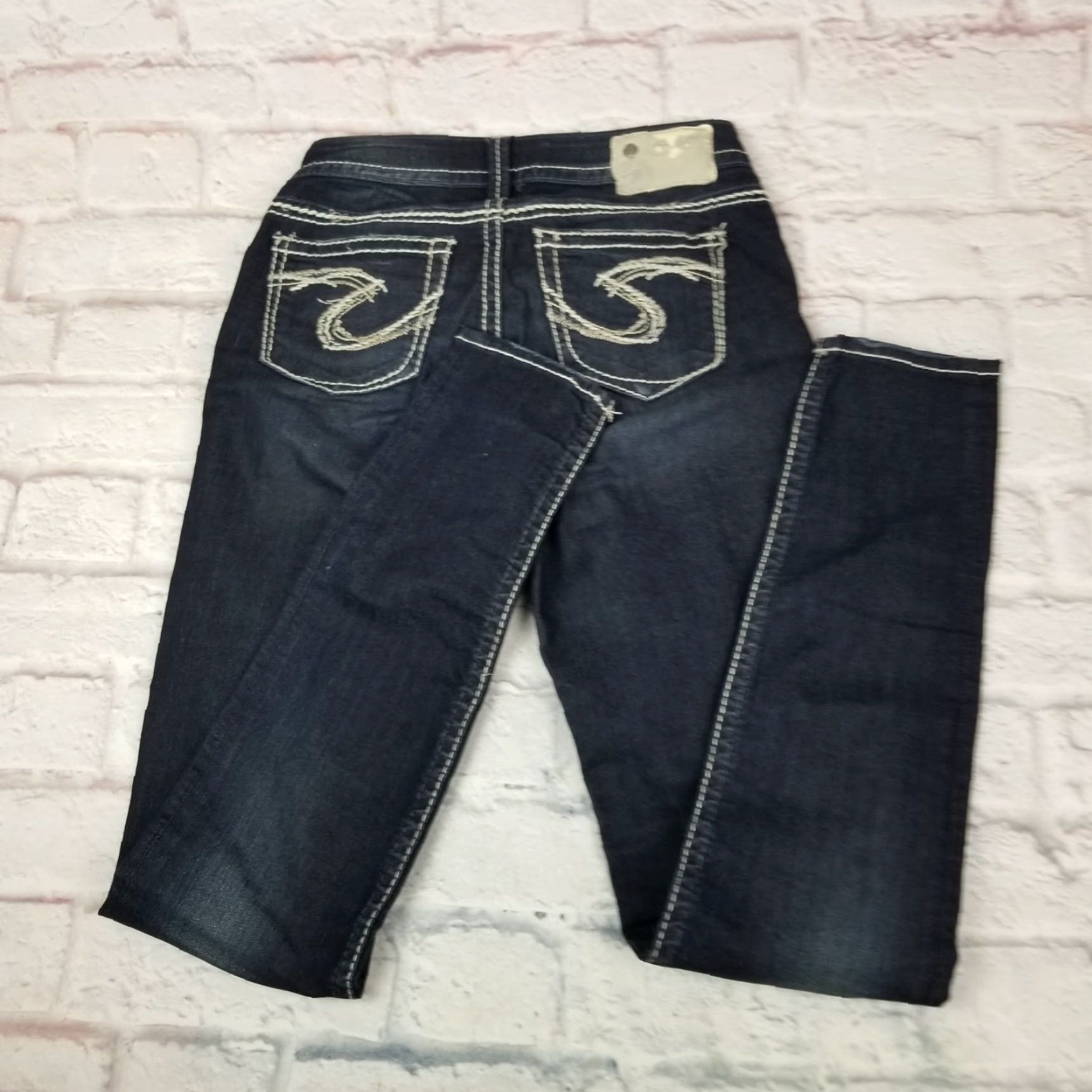 Silver Jeans Co. VINTAGE Silver Jeans Junior Teens 27 x 30 Suki Super Skinny Dark Wash Denim Embroilered Size 27" / US 4 / IT 40 - 2 Thumbnail