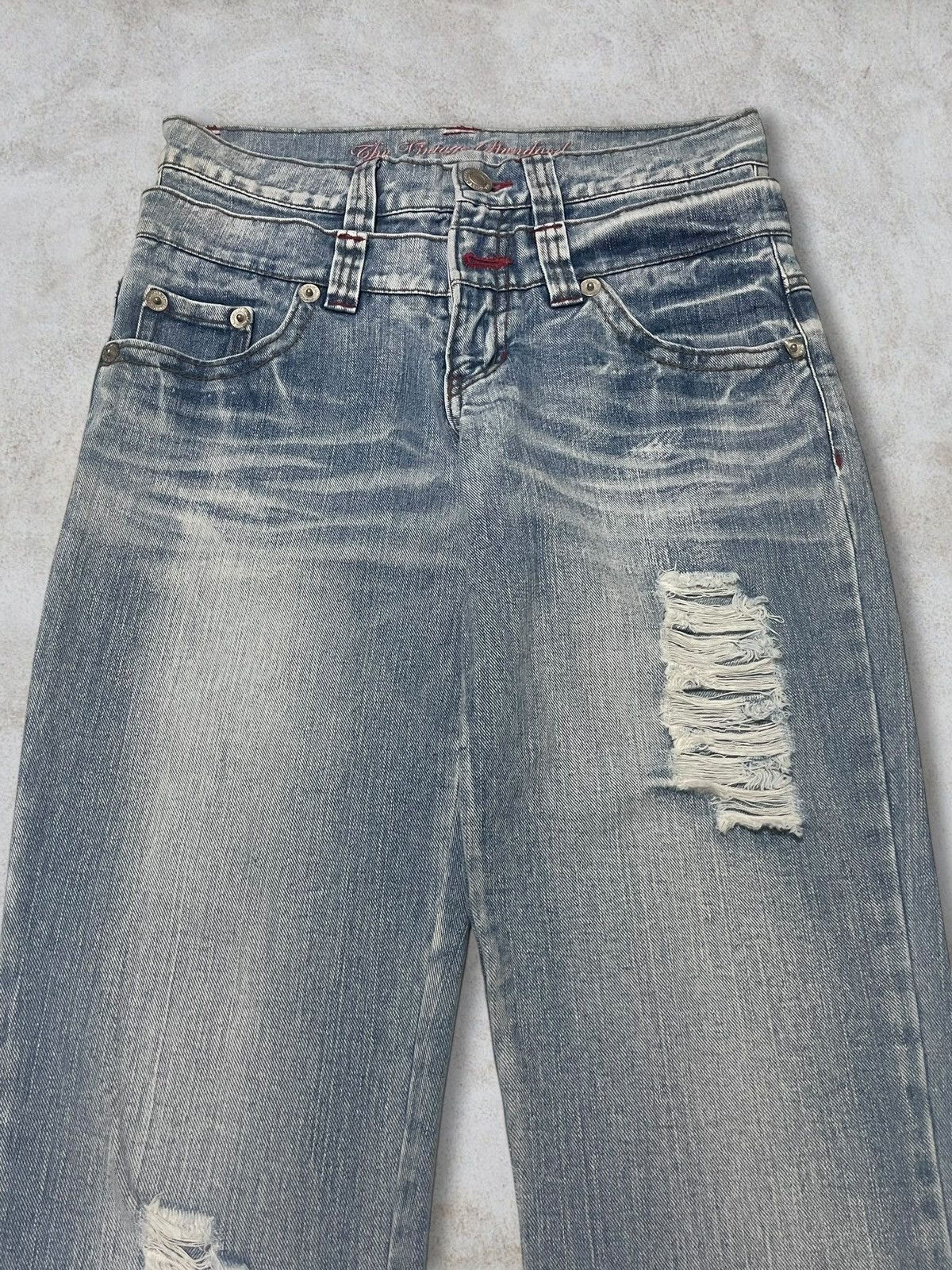 Japanese Brand Japanese Double Waist Spellout Embroidered Distressed Jeans Size 29" - 2 Thumbnail