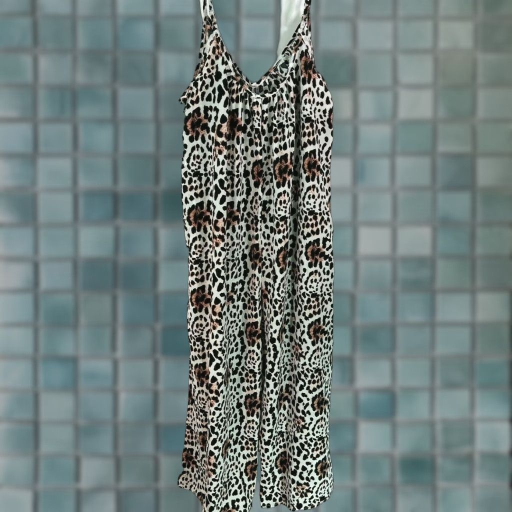 Vintage Unbranded Jumpsuit One-Piece Spaghetti Strap Leopard Print Brown XL Women's V Neck Wide-Leg Chambray 100% Polyester Casual Party/Cocktail Travel Size 40" / US 18 - 1 Thumbnail