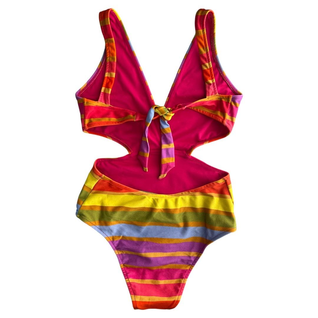 Farm Rio FARM RIO Shiny Stripes V-Neck Cutout One Piece Swimsuit, XS Size ONE SIZE - 5 Thumbnail