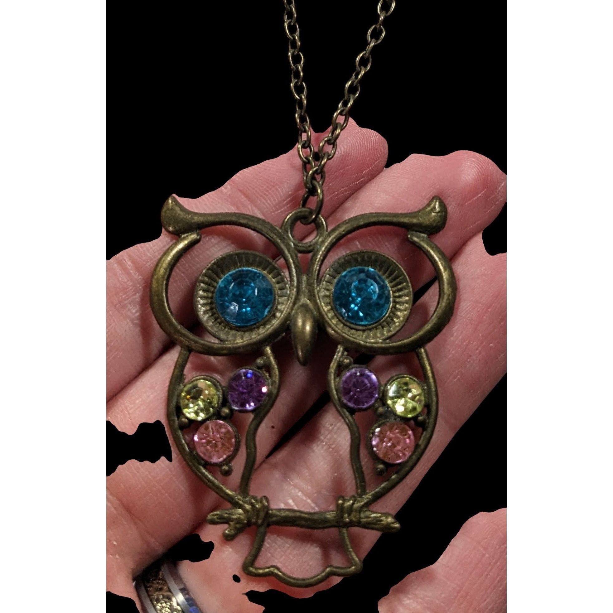 Other Whimsical Owl Themed Rainbow Gemmed Antiqued Gold Tone Penda Size ONE SIZE - 2 Thumbnail