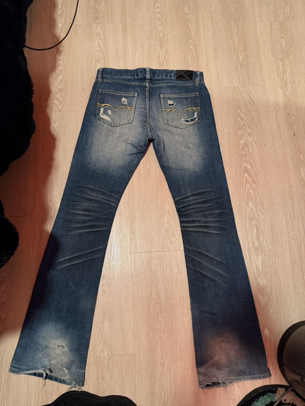GOSTAR DE FUGA Fuga Whisker Marble Blue Washed Distressed Flare Denim Jeans Size US 30 / EU 46 - 3 Thumbnail
