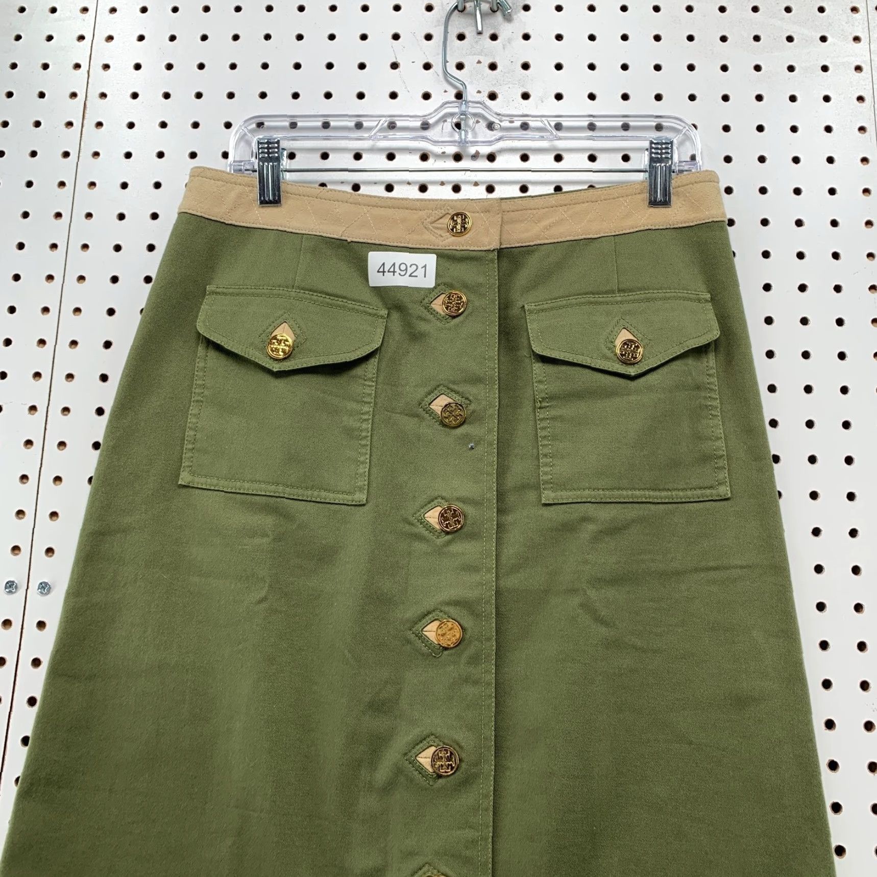 Tory Burch Skirt Womens 8 Cargo Pockets Military Green Gold Buttons Knee Length