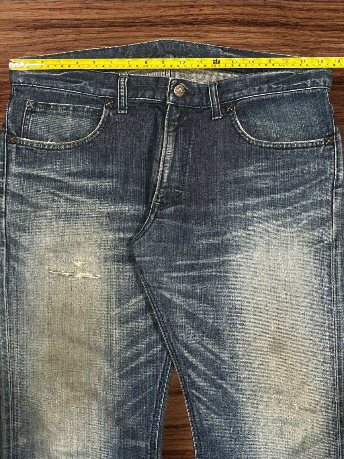 Lee × Vintage ⚡️Flare⚡️Vintage Lee Rider Dark Blue Washed Distressed Jeans Size US 36 / EU 52 - 13 Thumbnail
