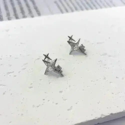 Jewelry 925 Silver Plated CZ Star Stud Earrings for Men Women Size ONE SIZE - 2 Thumbnail