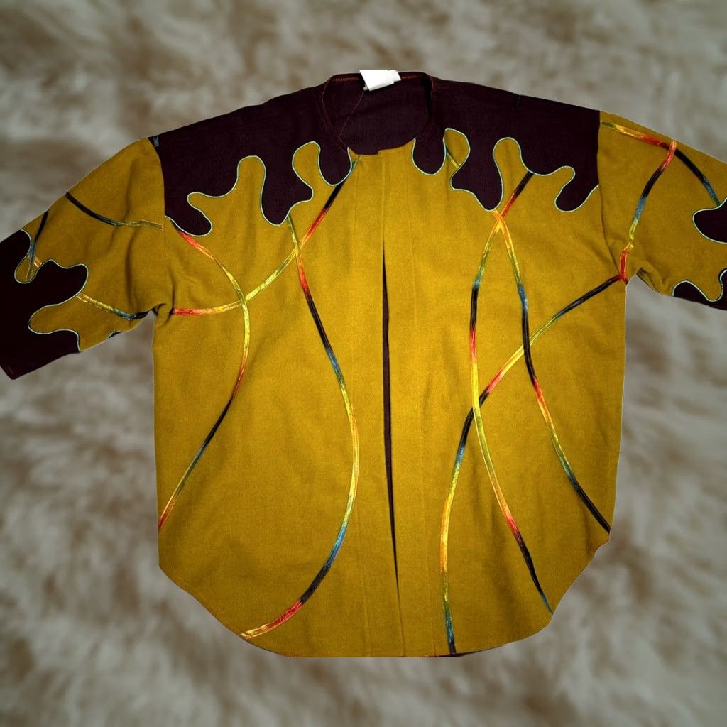 Vintage VINTAGE Sankofa Khari Womens Cardigan XS Mustard/Purple Oversized Flaw: Hole in back bottom Size XS / US 0-2 / IT 36-38 - 1 Thumbnail