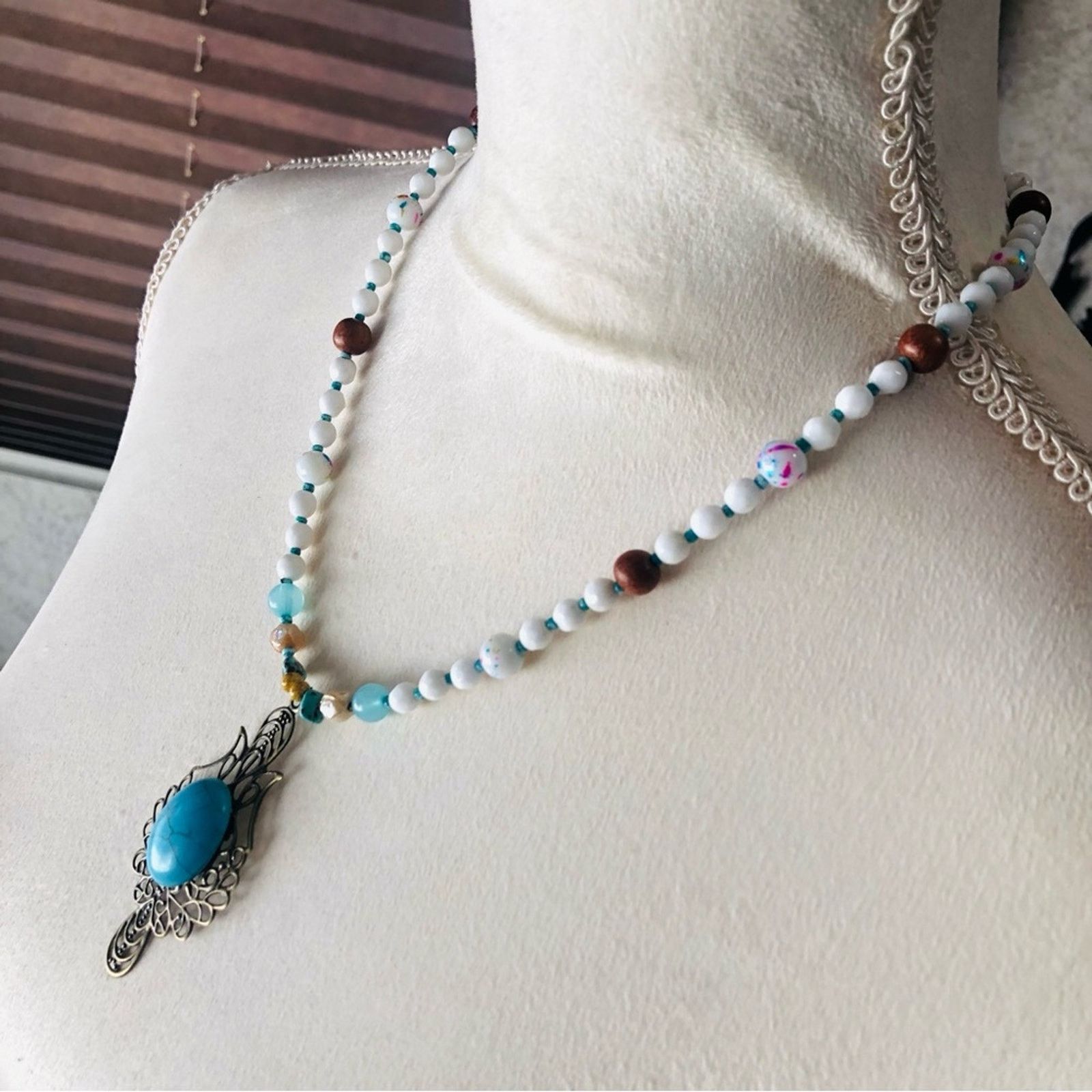 Handmade Handcrafted large howlite filigree pendant beaded necklace Size ONE SIZE - 3 Thumbnail