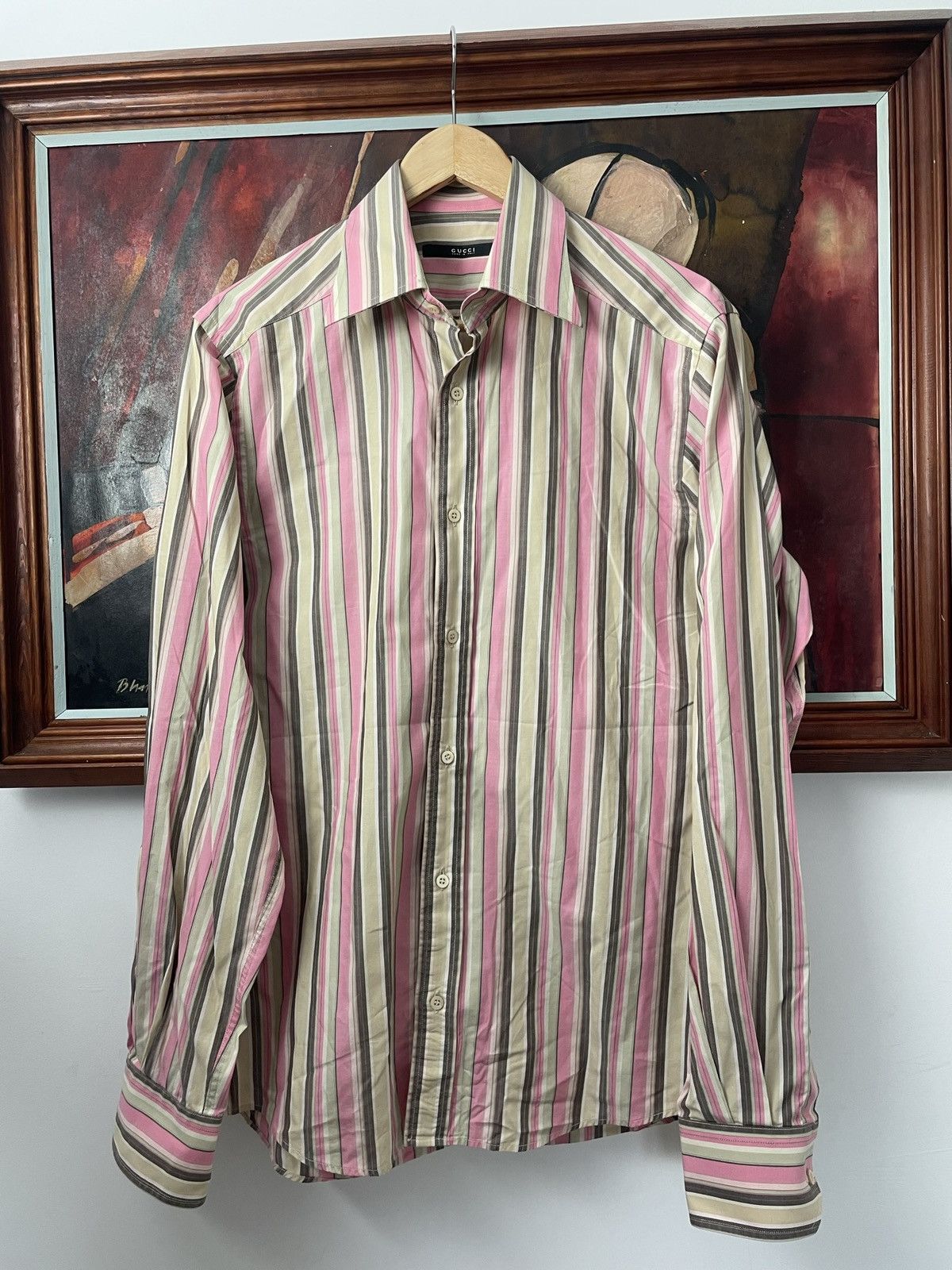 image of Gucci Vintage Y2K Tom Ford Striped Button Up Shirt Designer in Teal Beige Pink, Men's (Size Medium)