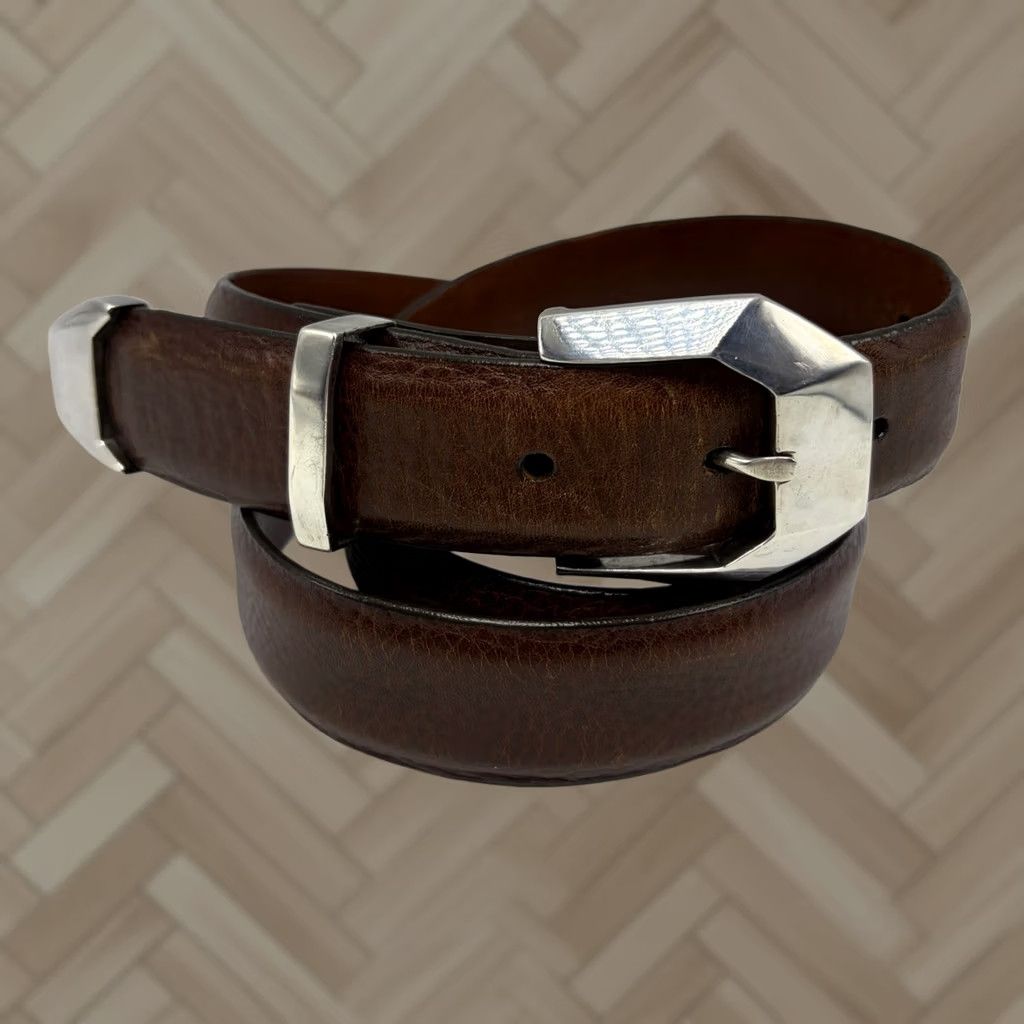Vintage Pat Areias Belt Mens Sterling Silver 925 Buckle 36-38 Genuine Calfskin Made USA Brown Mens Accessories Belt Size ONE SIZE - 1 Thumbnail
