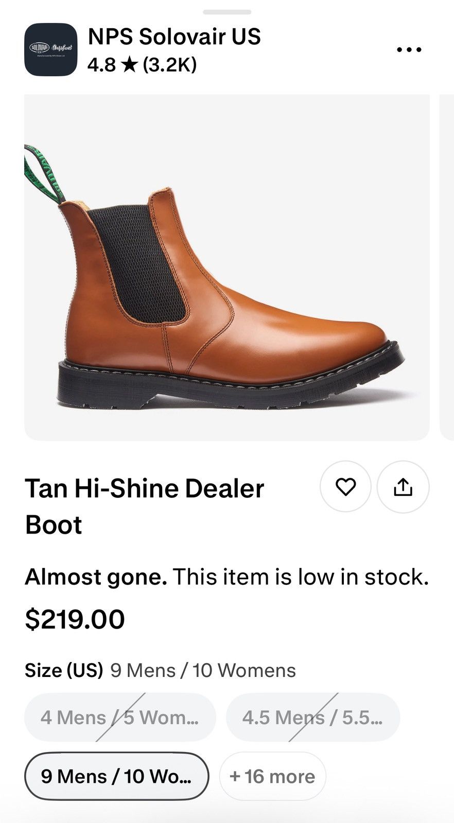 Solovair Tan Hi-Shine Dealer Boot Size US 10 / EU 43 - 15 Thumbnail