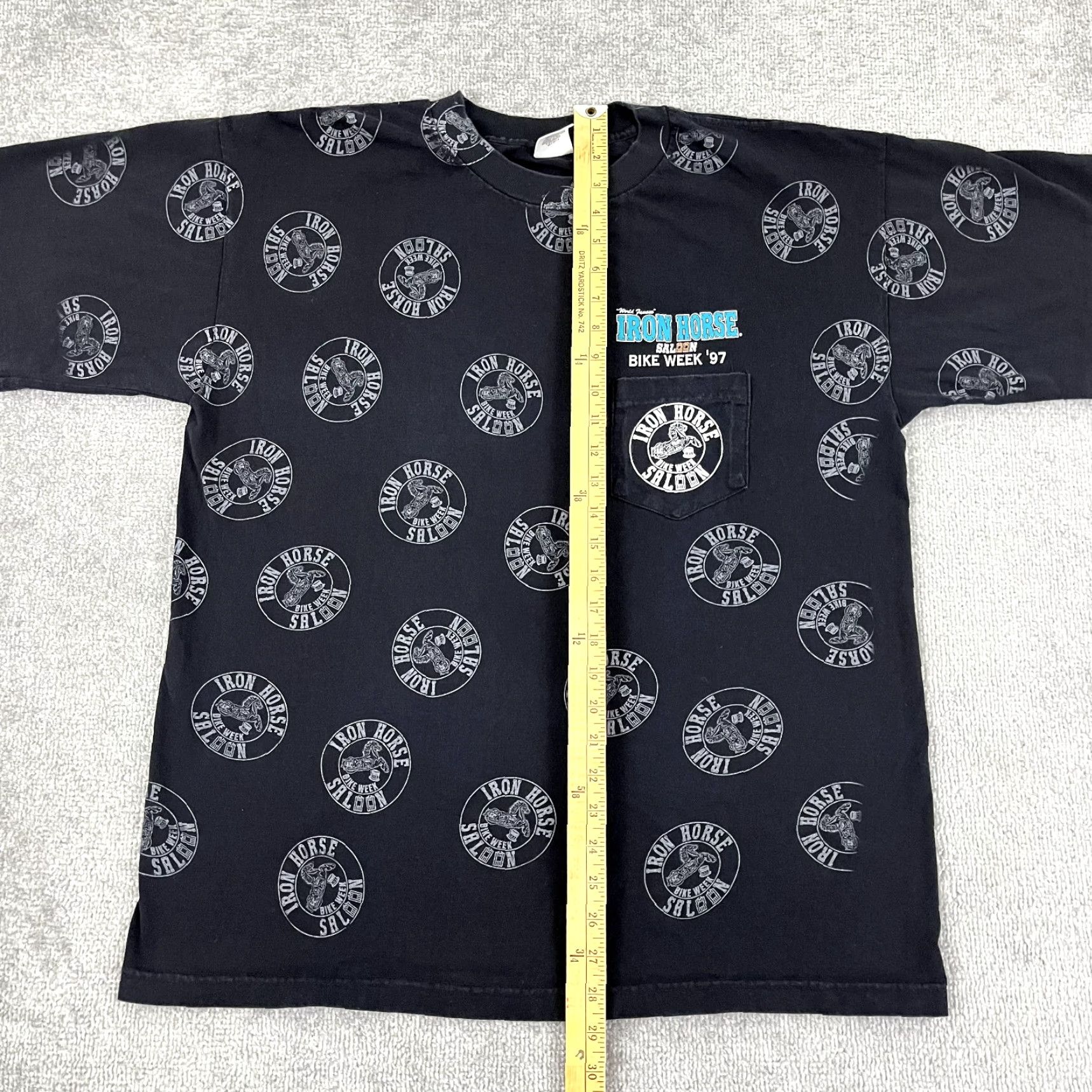 Gloverall VINTAGE IRON HORSE SALOON Shirt Mens XL AOP All Over Graphic Tee Bike Week 1997 Mens XL Black Cotton 90s Biker Retro Size US XL / EU 56 / 4 - 7 Thumbnail