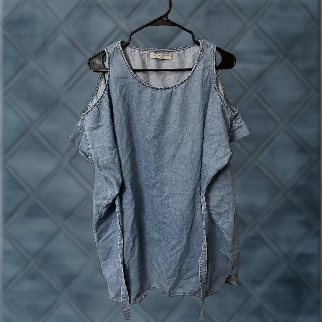 Allsaints AllSaints Chambray Tie Waist Cold Shoulder T-Shirt Pullover Summer Dress Size L Size L / US 10 / IT 46 - 1 Thumbnail