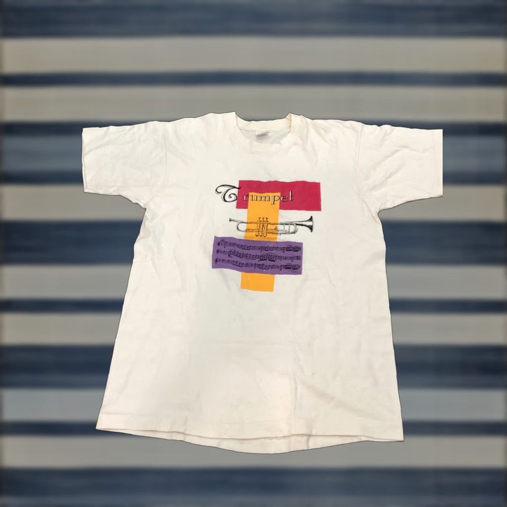 Jerzees Vtg Music Shirt Tee Mens Large White Gold Trumpet Score Notes Instrument 90s SS Size US L / EU 52-54 / 3 - 1 Thumbnail