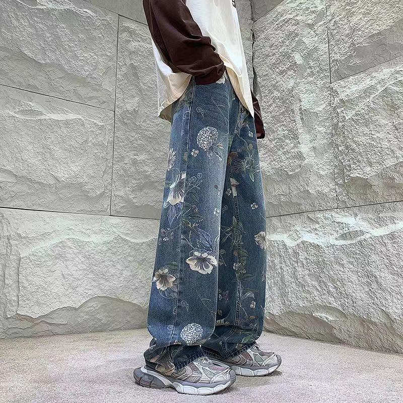 国内で当店のみ Supermade - TRIBAL FLAME PRINT BAGGY JEANS Japanese Brand × Jean × Streetwear Vintage washed all over