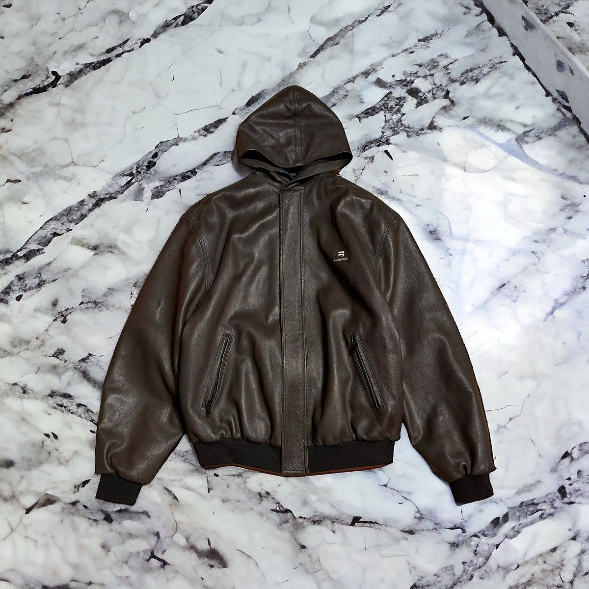 Pre-owned Balenciaga Sporty B Hooded Leather Jacket In Dark Brown