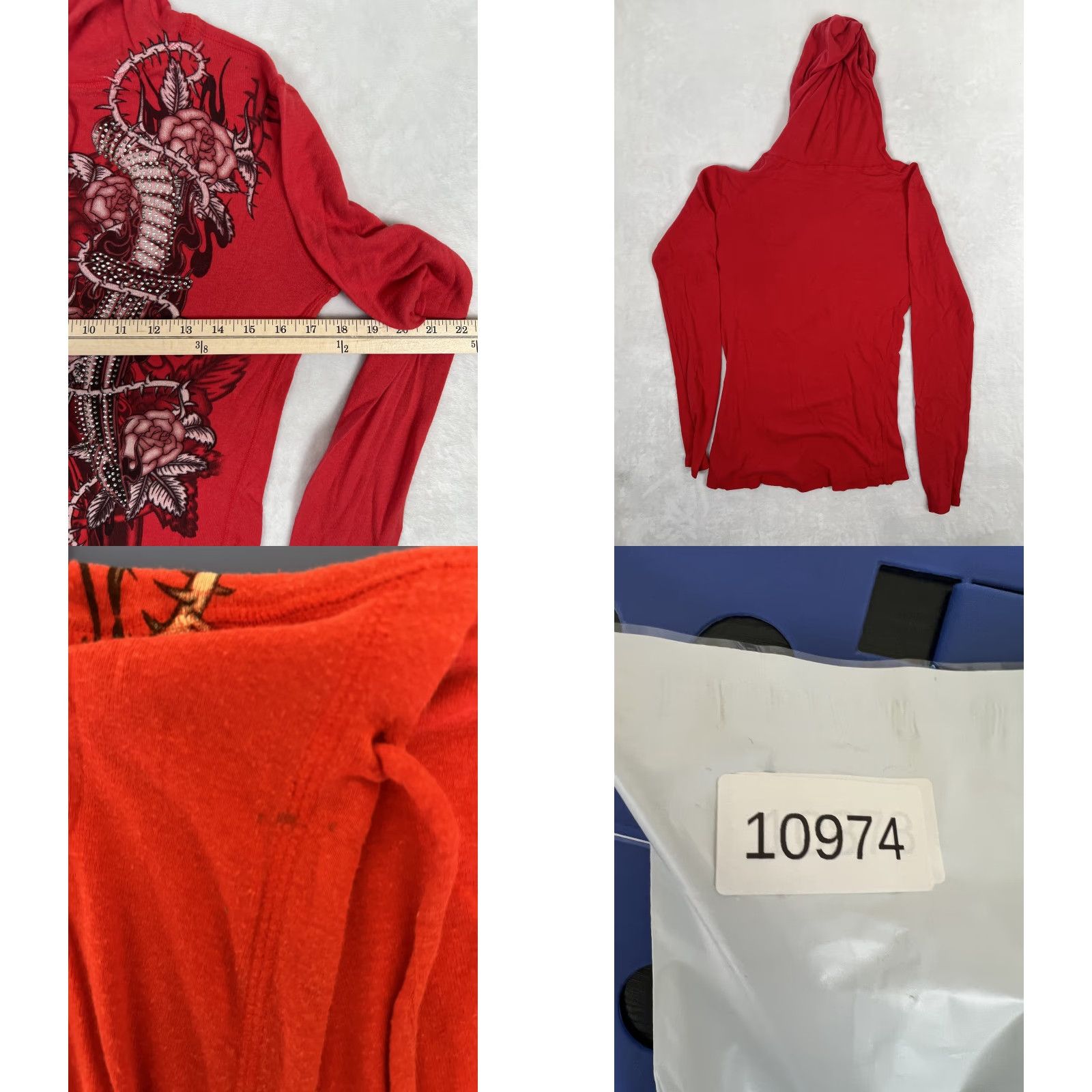 Vintage VINTAGE Gothic Rose Dagger Shirt Womens S/M Red Hooded Long Sleeve Rhinestone Y2K Size S / US 4 / IT 40 - 8 Thumbnail