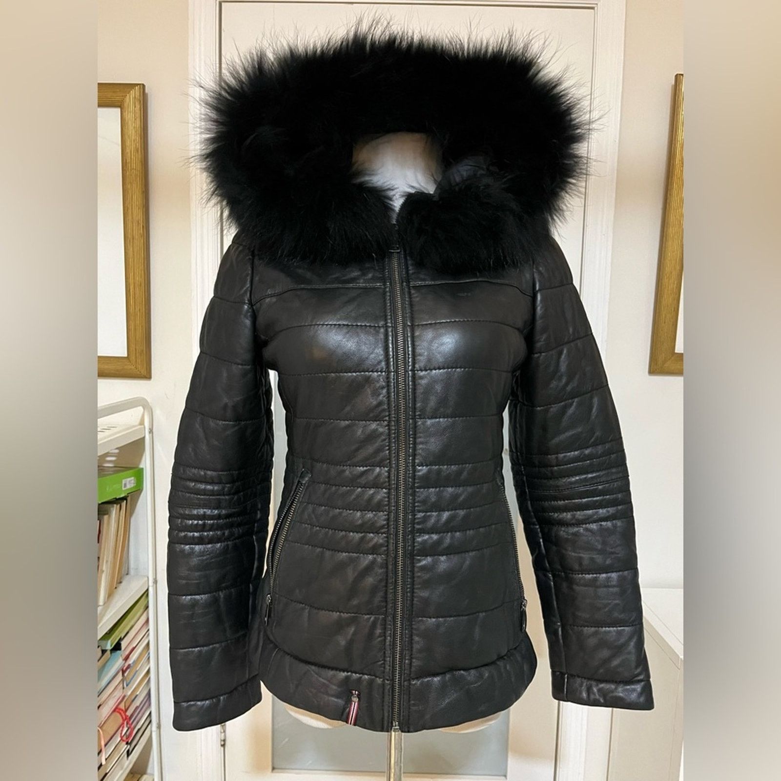 OAK OAKWOOD-Black Jelly Leather Jacket-Sz M -lambskin/racoon fur Size M / US 6-8 / IT 42-44 - 3 Thumbnail