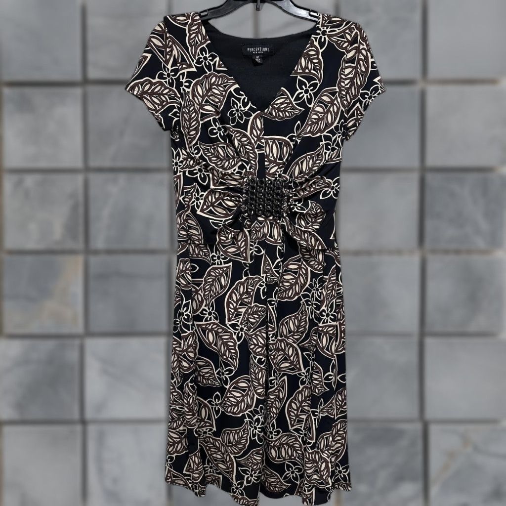 Vintage VINTAGE Perceptions Dress 10 Black Brown Leaf Print V-Neck Beaded Waist Whimsigoth Midi Dress Women Medium Black Size L / US 10 / IT 46 - 1 Thumbnail