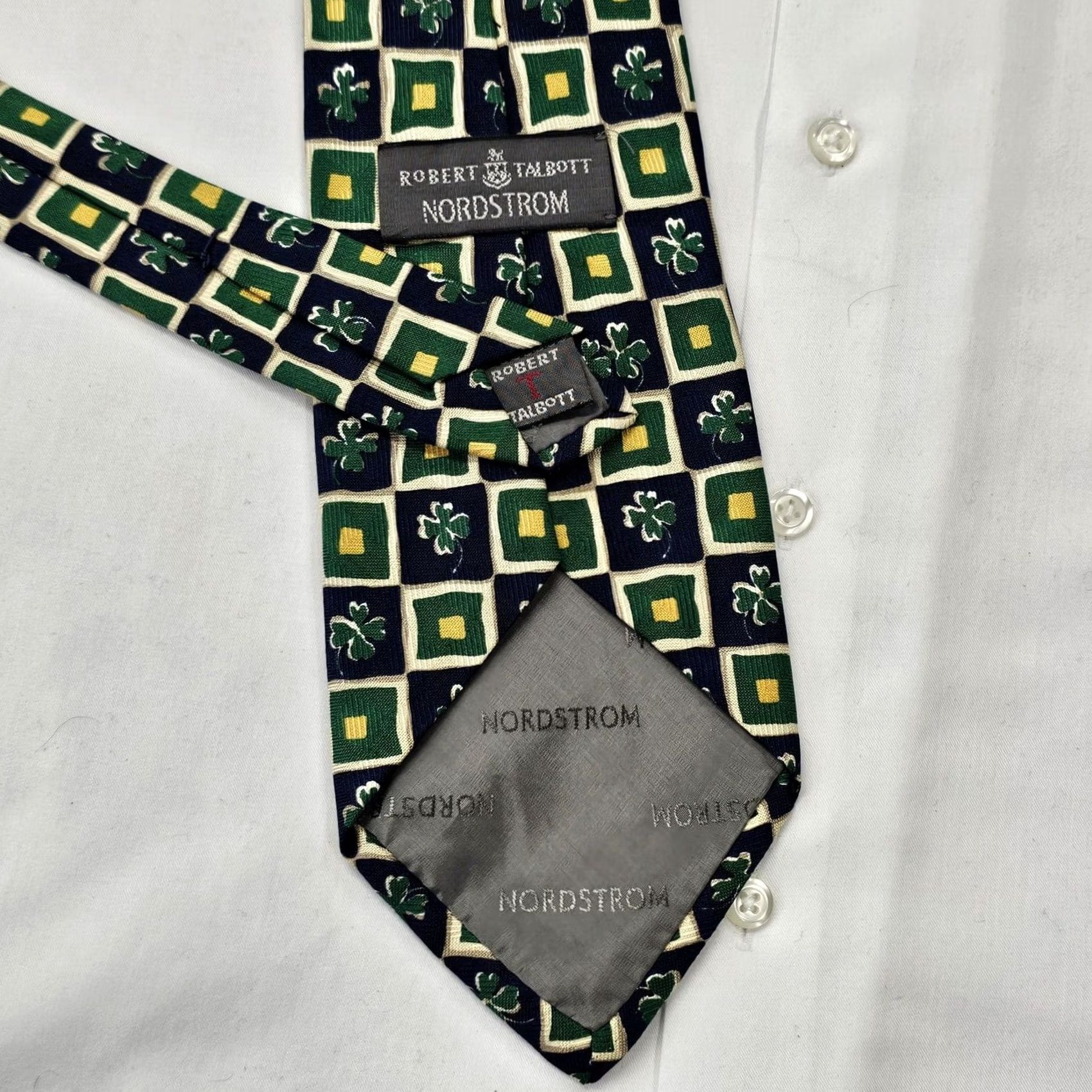 Robert Talbott Robert Talbott Necktie Mens Green Blue Silk Clover St. Patricks Woven Tie USA Tie Pattern Geometric Adult Classic 57 1/2" 4" Width Mens Size ONE SIZE - 5 Thumbnail