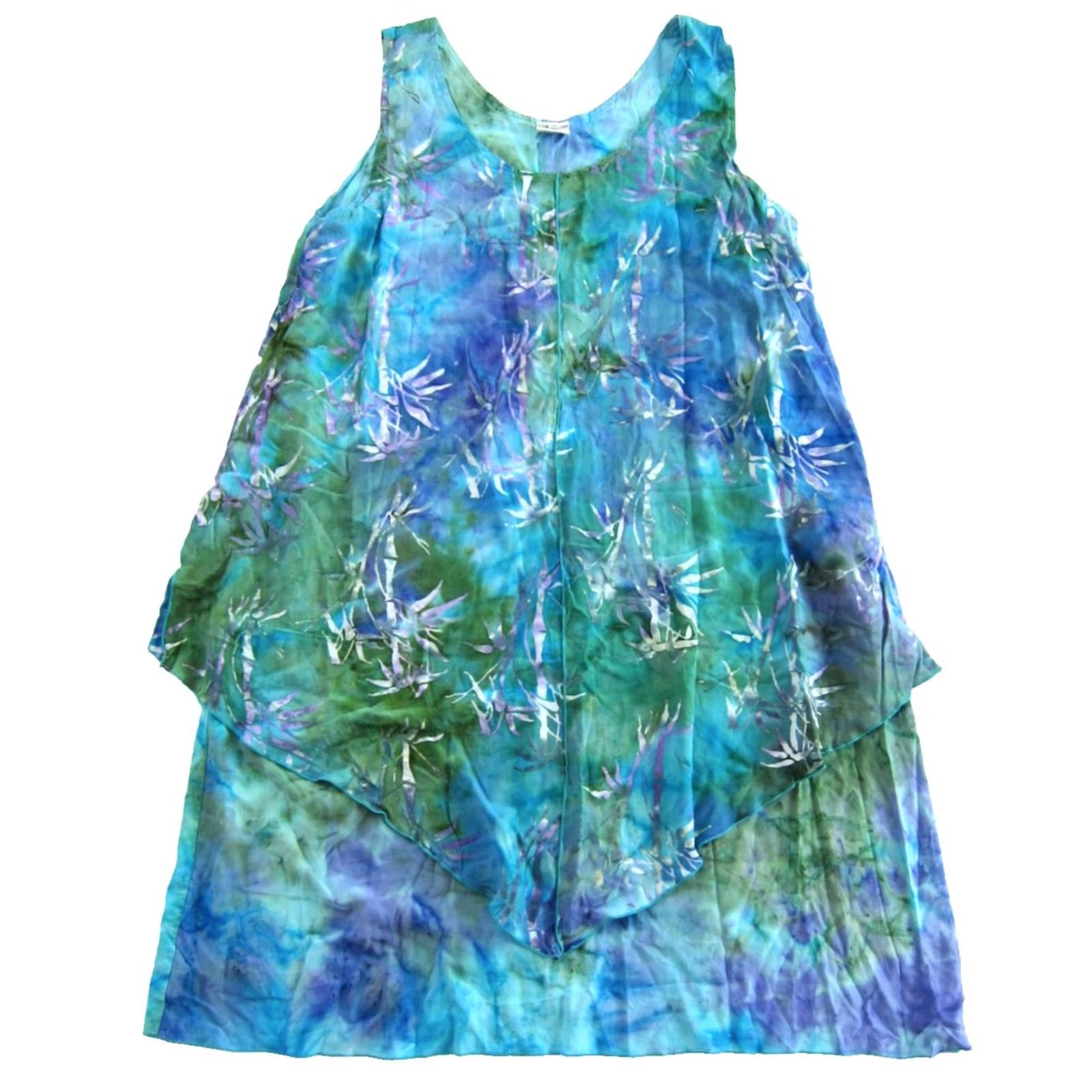 Vintage VINTAGE Lost River Dress Tank Midi Sun Blue Purple Green Tie Dye Layered Rayon XL Sundress Floral Kaftan Bohemian 90s Womens Size XL / US 12-14 / IT 48-50 - 2 Thumbnail