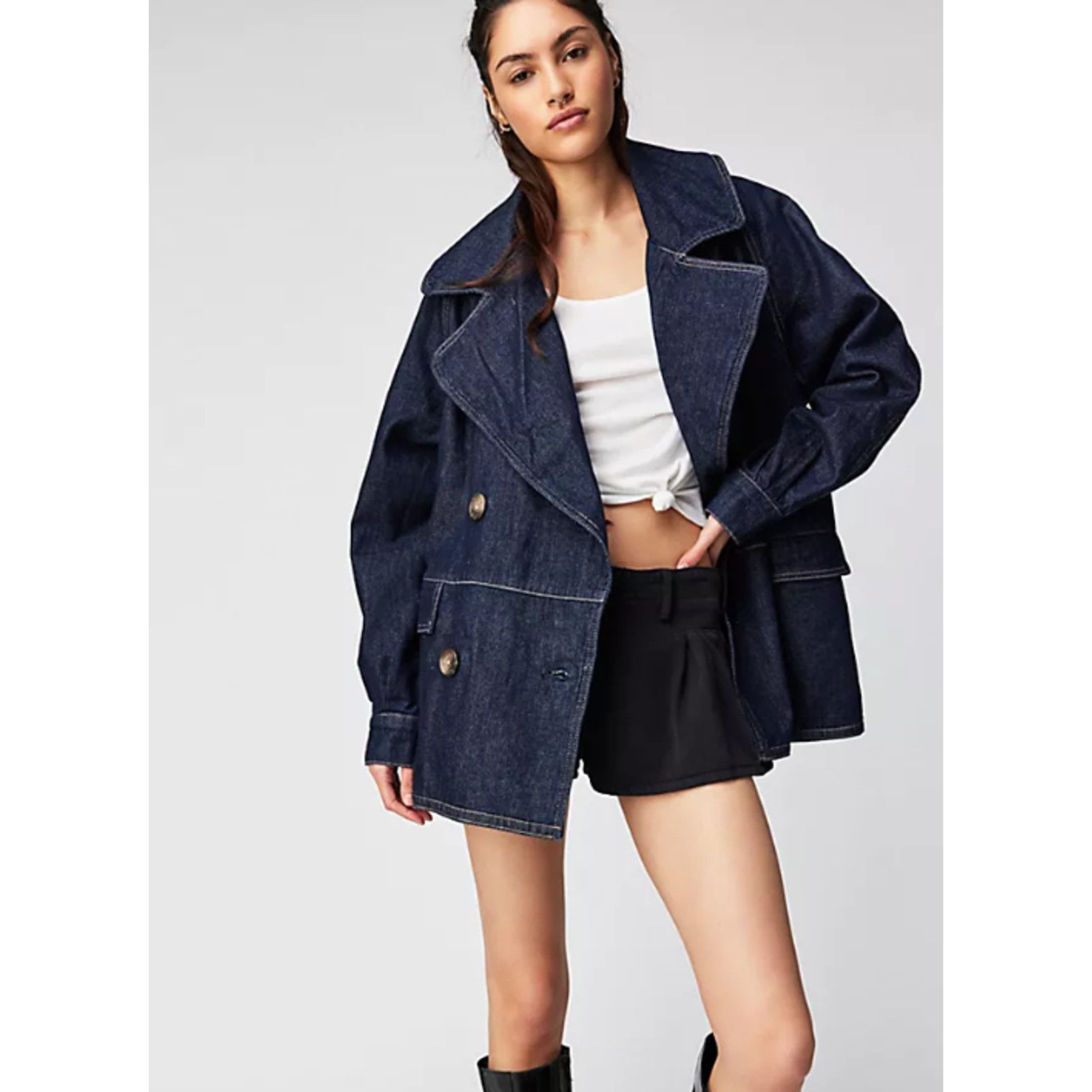 Free People New FREE PEOPLE Denim Car Coat $148 SMALL Dark Blue Indigo Size S / US 4 / IT 40 - 4 Thumbnail