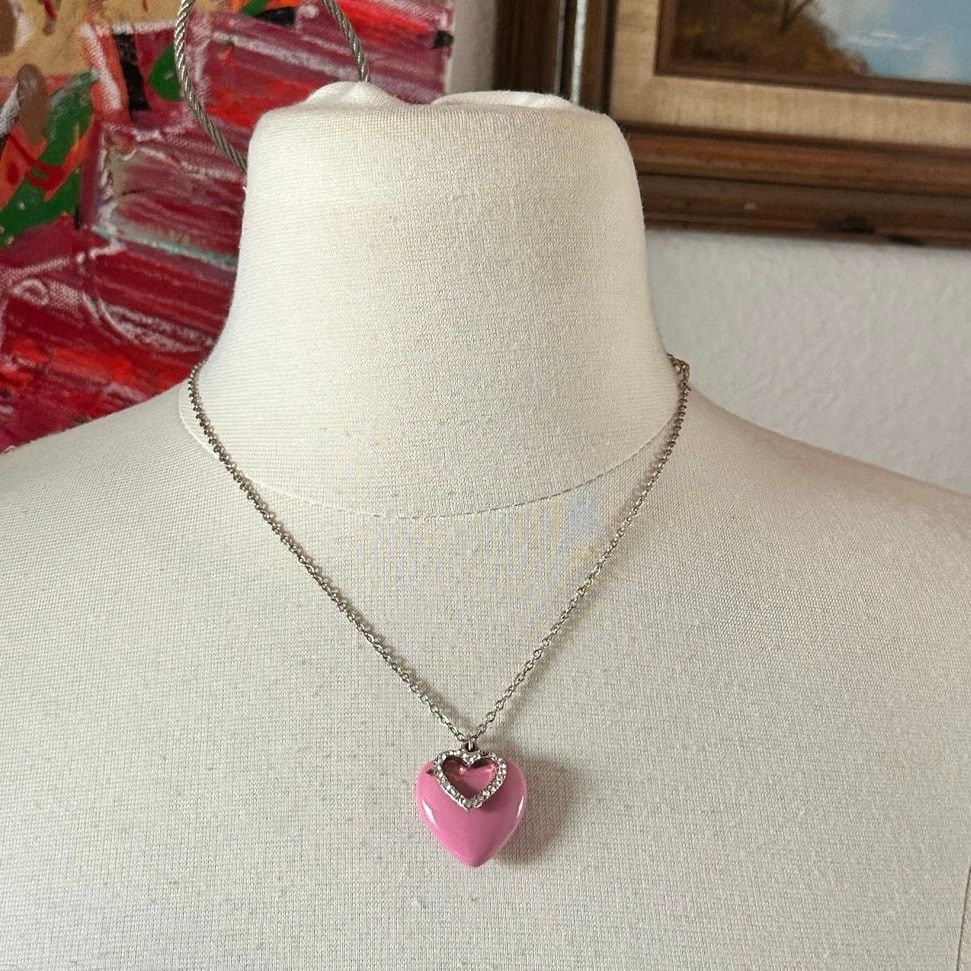 Other pink silver heart layered pendant necklace rhinestone Size ONE SIZE - 1 Thumbnail