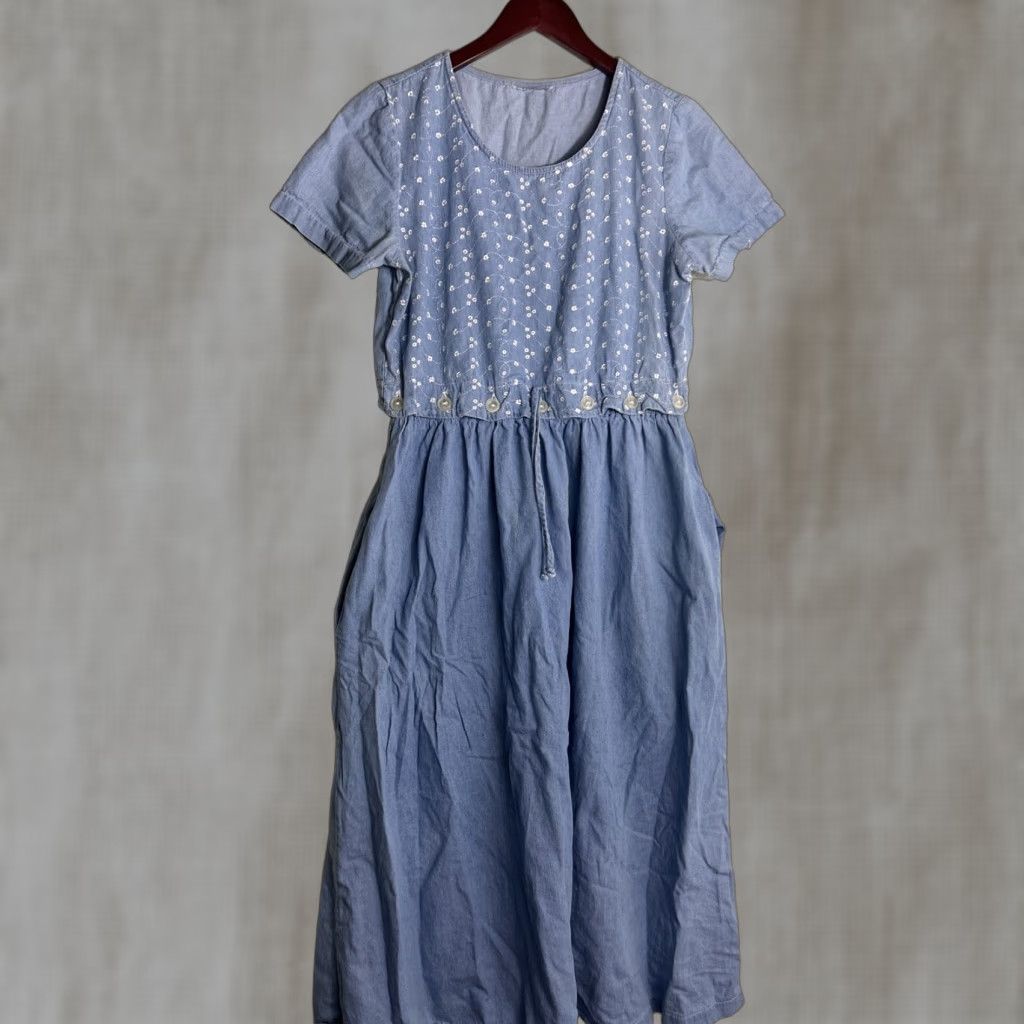 Vintage VINTAGE Chambray Women’s Medium Dress Blue Floral Elastic Waist Ankle Length Size M / US 6-8 / IT 42-44 - 1 Thumbnail