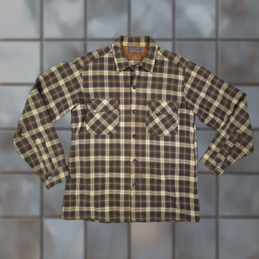 Pendleton VINTAGE Pendleton Shirt Mens Medium Brown Wool Button-Up Loop Collar Tweed 100% Virgin Wool Check Classic Western/Nature 1930s-50s Mens Size US M / EU 48-50 / 2 - 1 Thumbnail