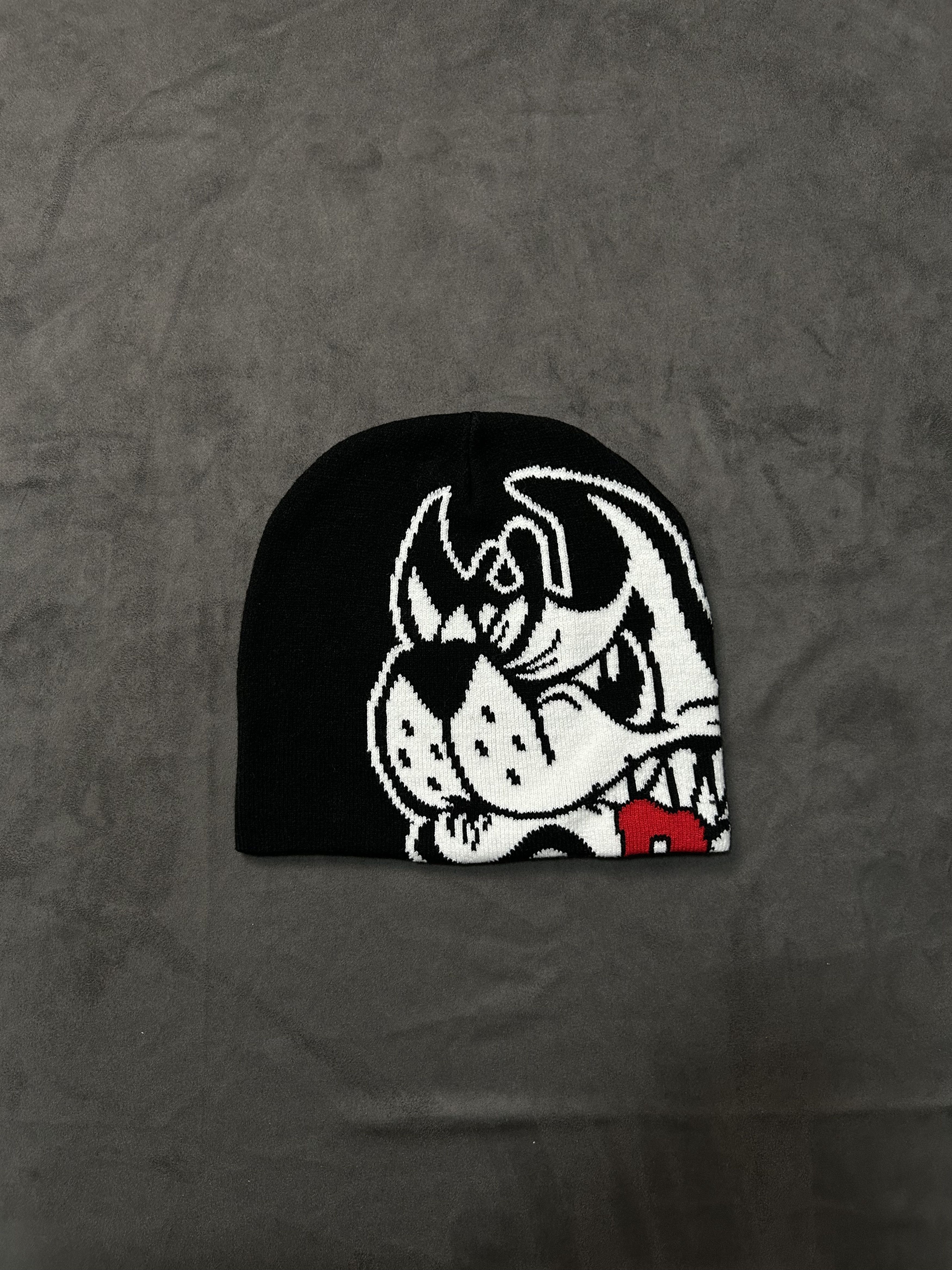 Japanese Brand Angry Wolf Graphic Graphic No Cuff Knit Beanie Black Hat OS Size ONE SIZE - 1 Thumbnail